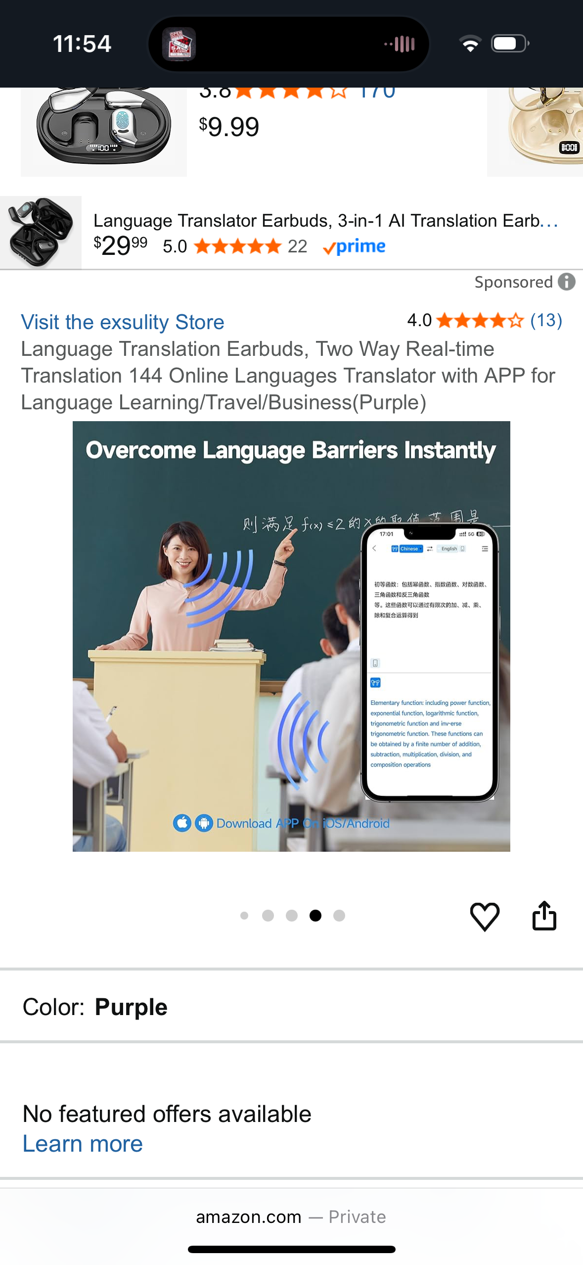 exsulity Language Translation Earbuds, Two Way Real-time Translation 144 Online Languages Translator with APP for Language Learning/Travel/Business(Purple)