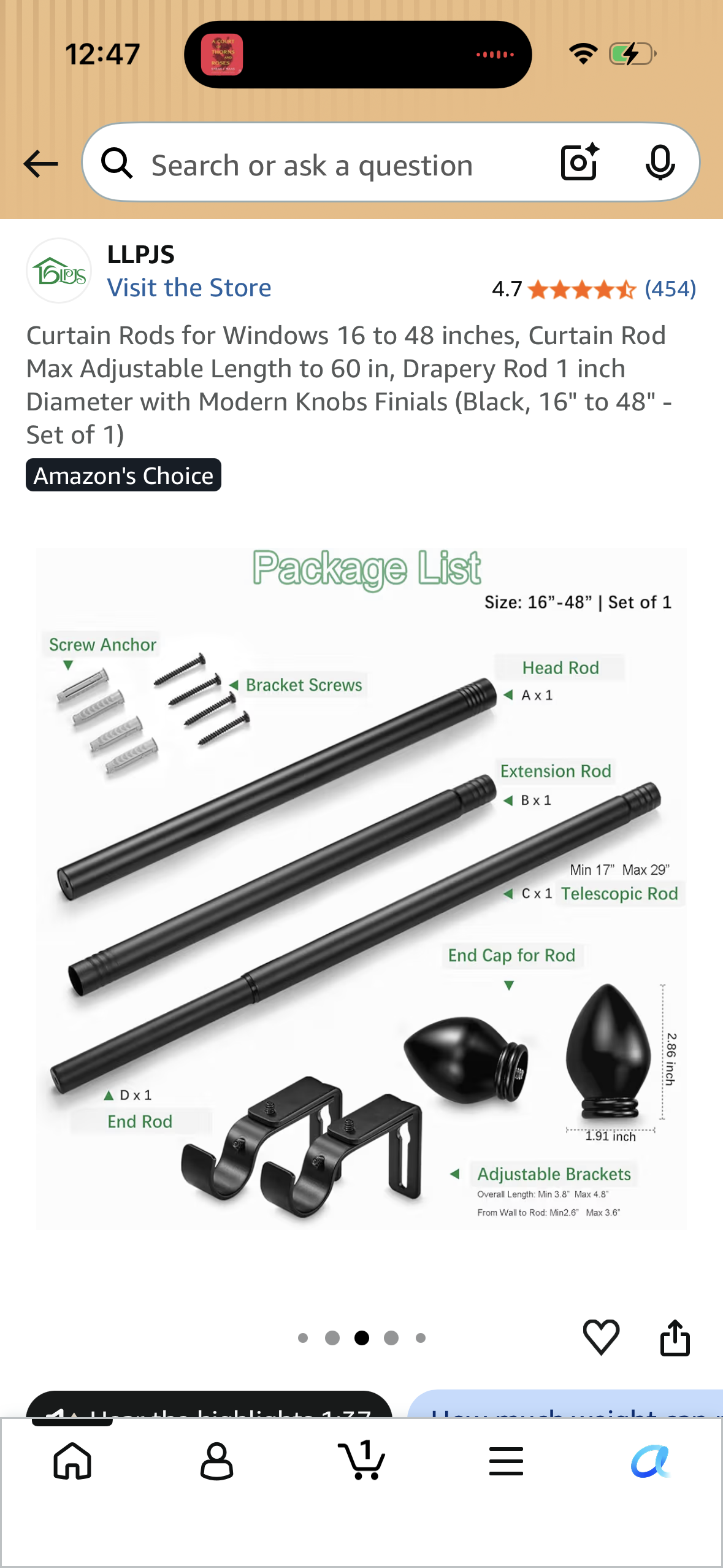 Curtain Rods for Windows 16 to 48 inches, Curtain Rod Max Adjustable Length to 60 in, Drapery Rod 1 inch Diameter with Modern Knobs Finials (Black, 16" to 48" - Set of 1)