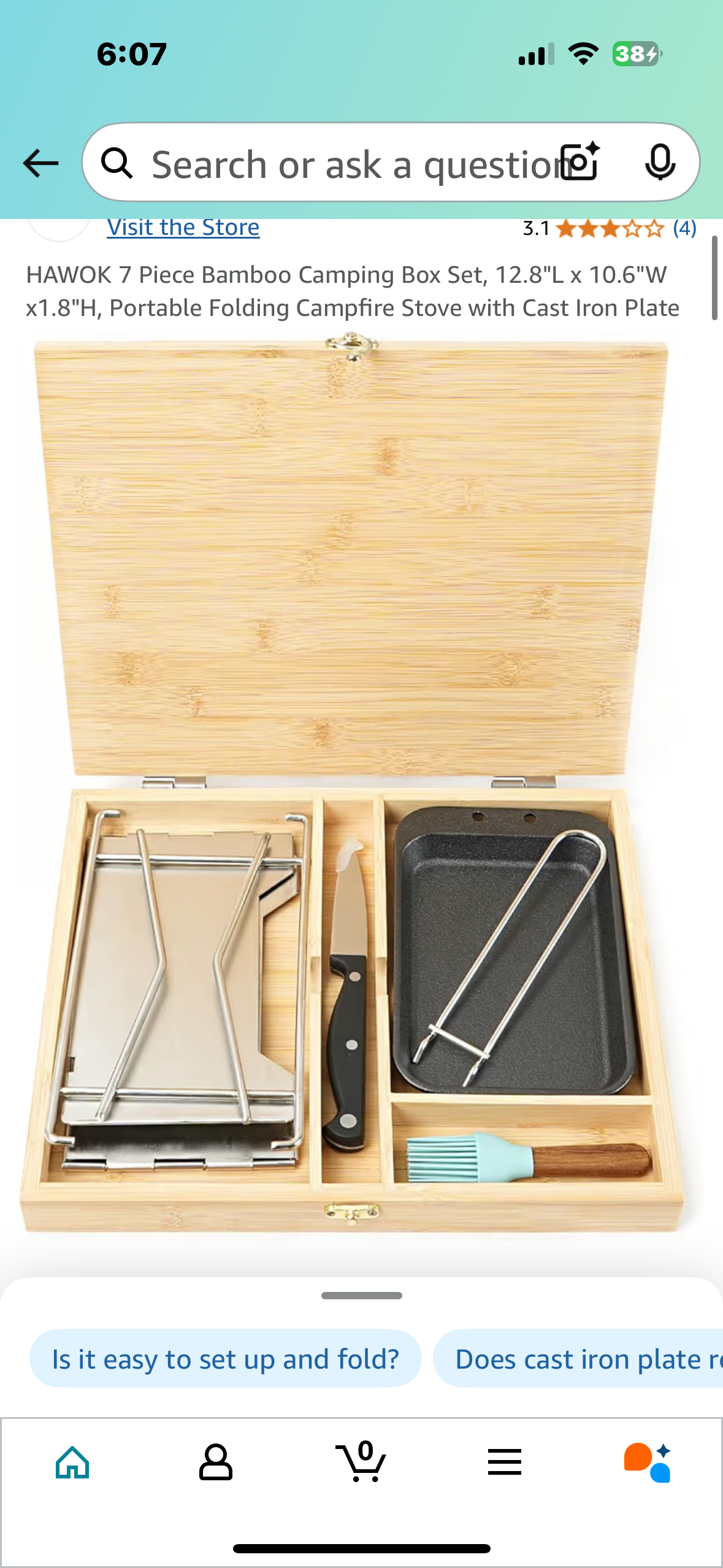 HAWOK 7 Piece Bamboo Camping Box Set, 12.8"L x 10.6"W x1.8"H, Portable Folding Campfire Stove with Cast Iron Plate
