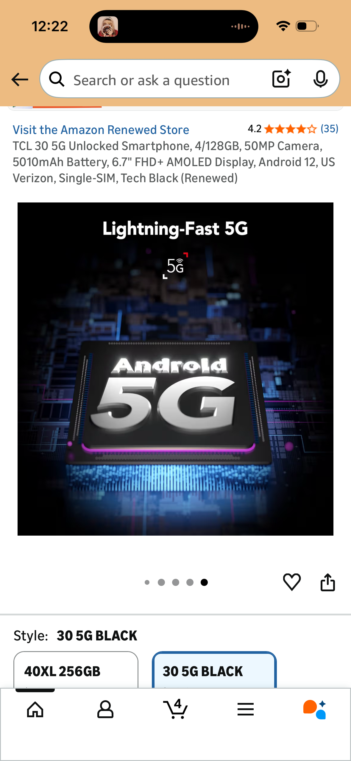 TCL 30 5G Unlocked Smartphone, 4/128GB, 50MP Camera, 5010mAh Battery, 6.7" FHD+ AMOLED Display, Android 12, US Verizon, Single-SIM, Tech Black (Renewed)