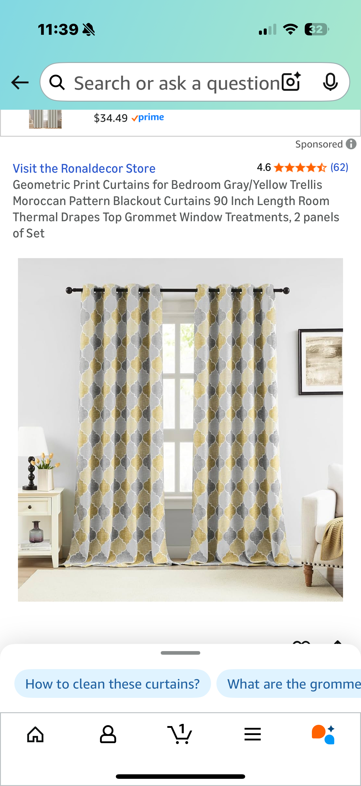 Geometric Print Curtains for Bedroom Gray/Yellow Trellis Moroccan Pattern Blackout Curtains 52x 90 Inch Length Room Thermal Drapes Top Grommet Window Treatments, 2 panels of Set