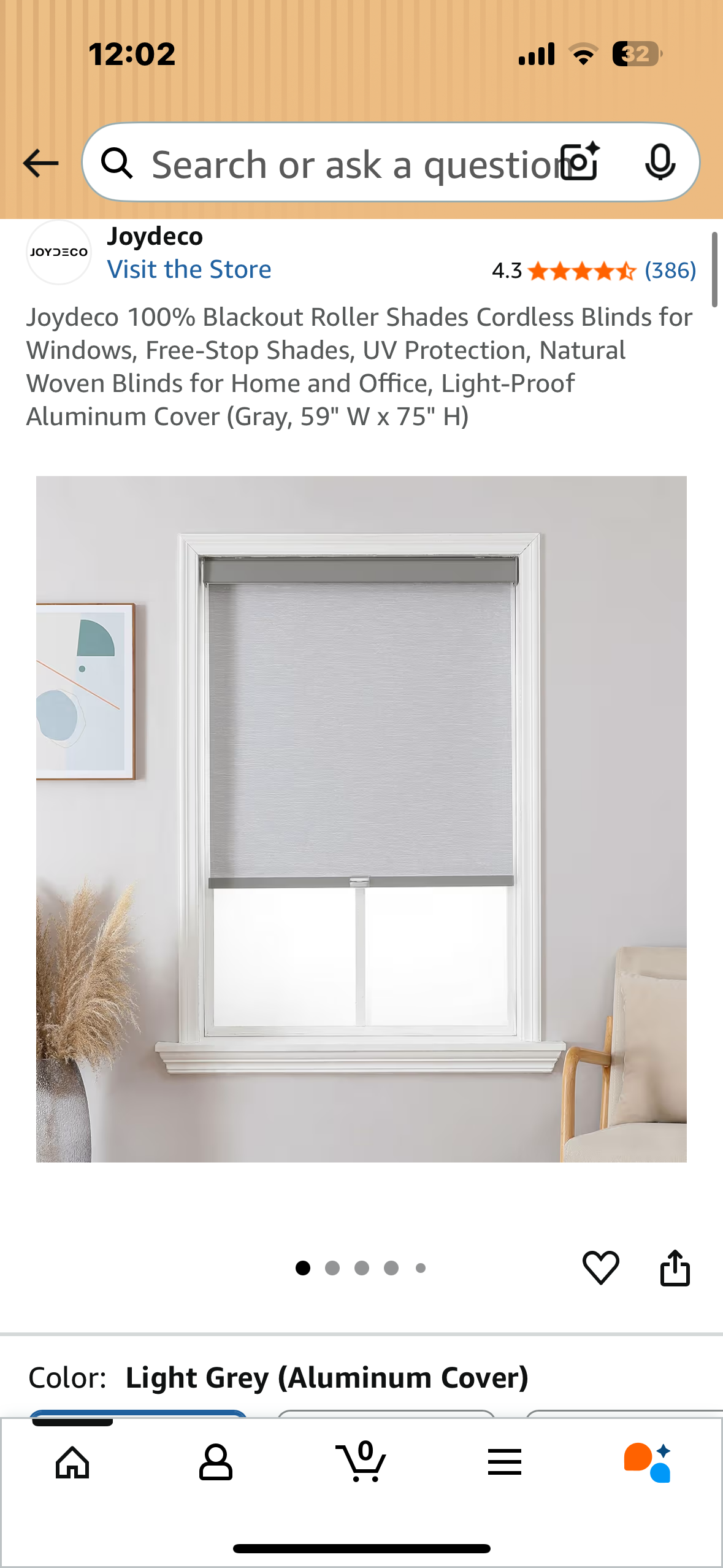 Joydeco 100% Blackout Roller Shades, Cordless Blinds for Windows, Free-Stop Shades, UV Protection, Natural Woven Blinds for Home and Office, Light-Proof Aluminum Cover (Gray, 59" W x 75" H) (L1040)