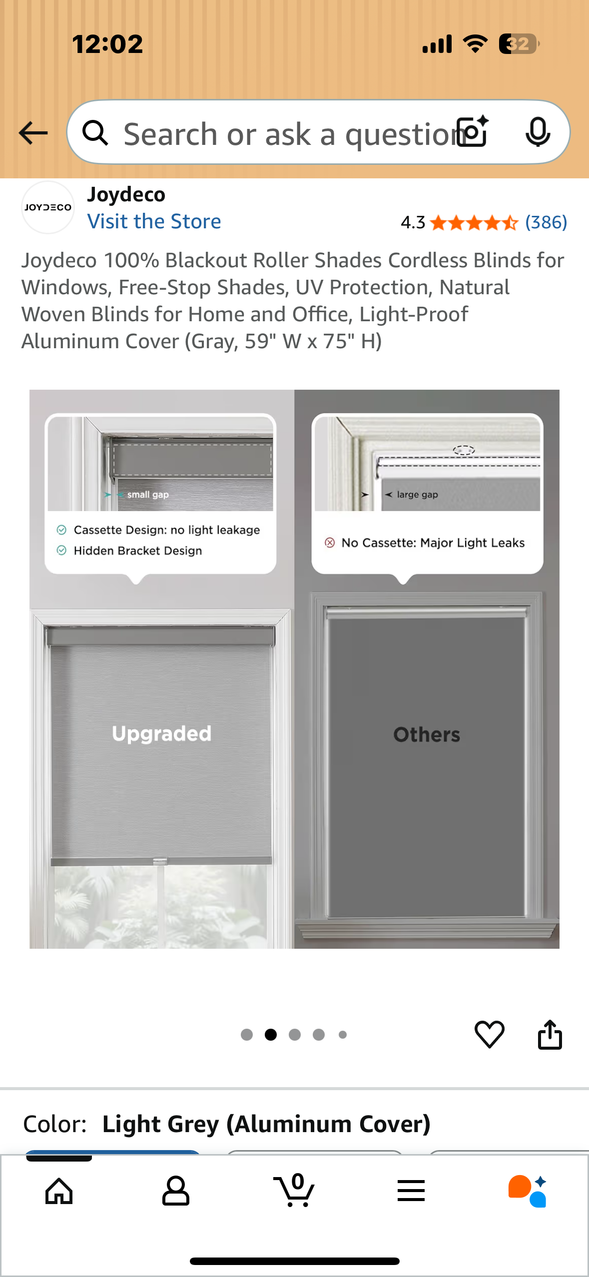 Joydeco 100% Blackout Roller Shades, Cordless Blinds for Windows, Free-Stop Shades, UV Protection, Natural Woven Blinds for Home and Office, Light-Proof Aluminum Cover (Gray, 59" W x 75" H) (L1040)