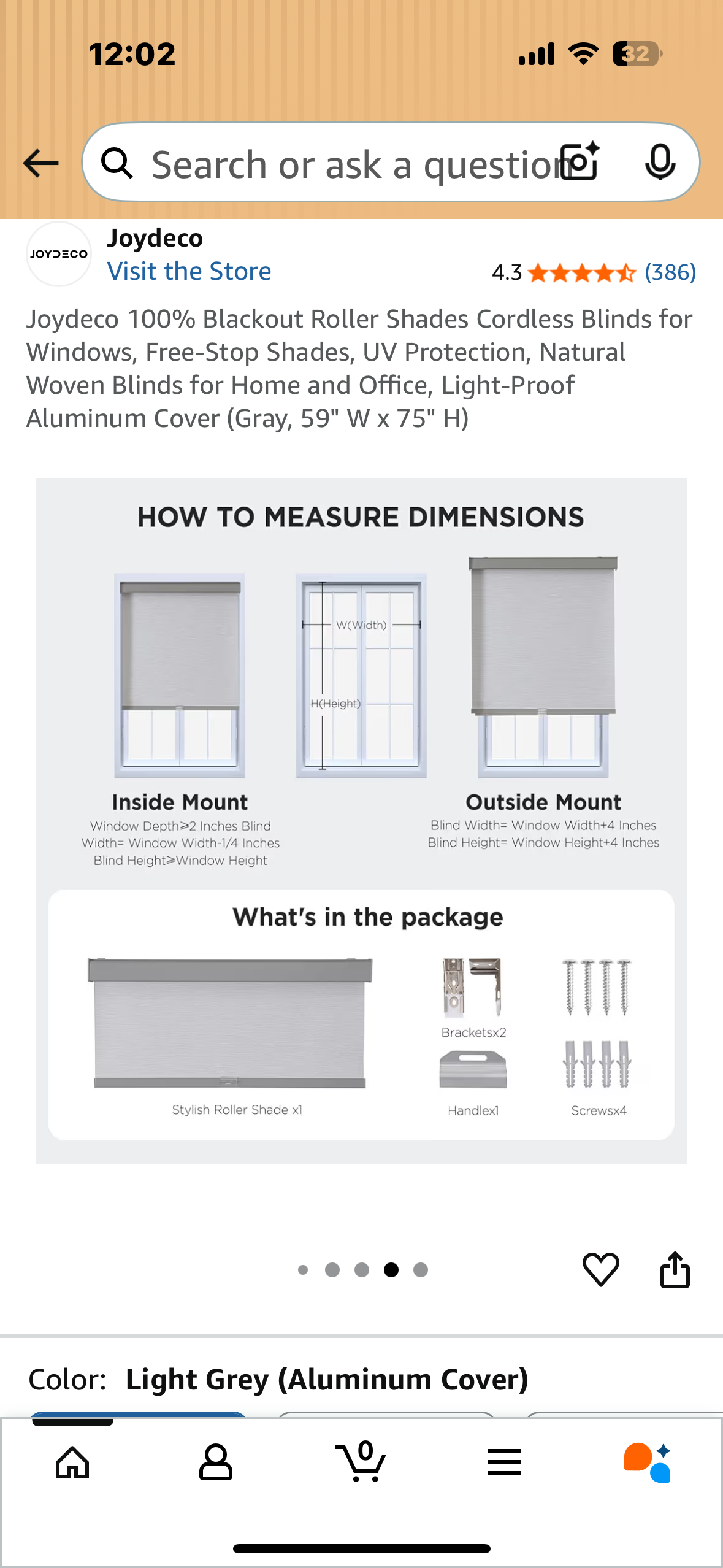 Joydeco 100% Blackout Roller Shades, Cordless Blinds for Windows, Free-Stop Shades, UV Protection, Natural Woven Blinds for Home and Office, Light-Proof Aluminum Cover (Gray, 59" W x 75" H) (L1040)