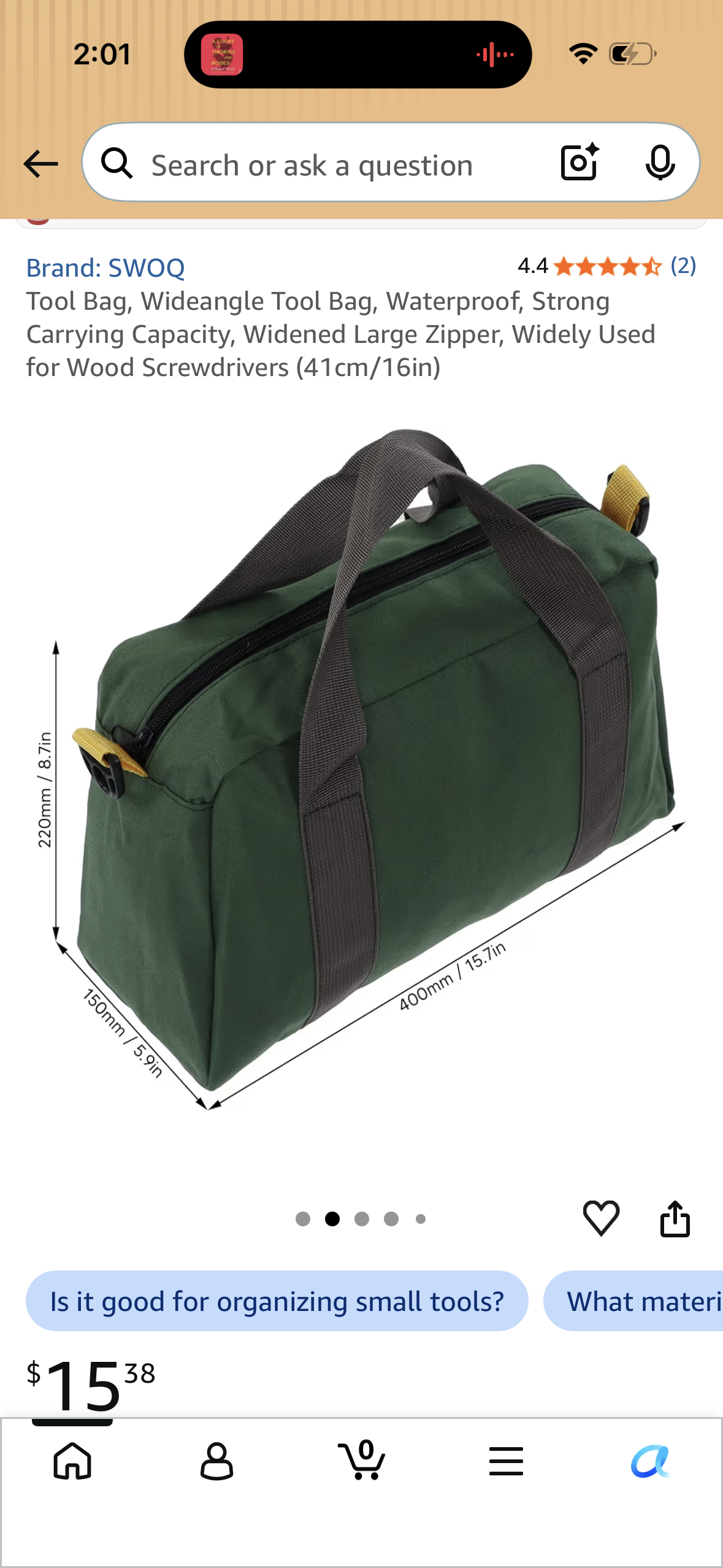 Tool Bag, Wideangle Tool Bag, Waterproof, Strong Carrying Capacity, Widened Large Zipper, Widely Used for Wood Screwdrivers (41cm/16in)