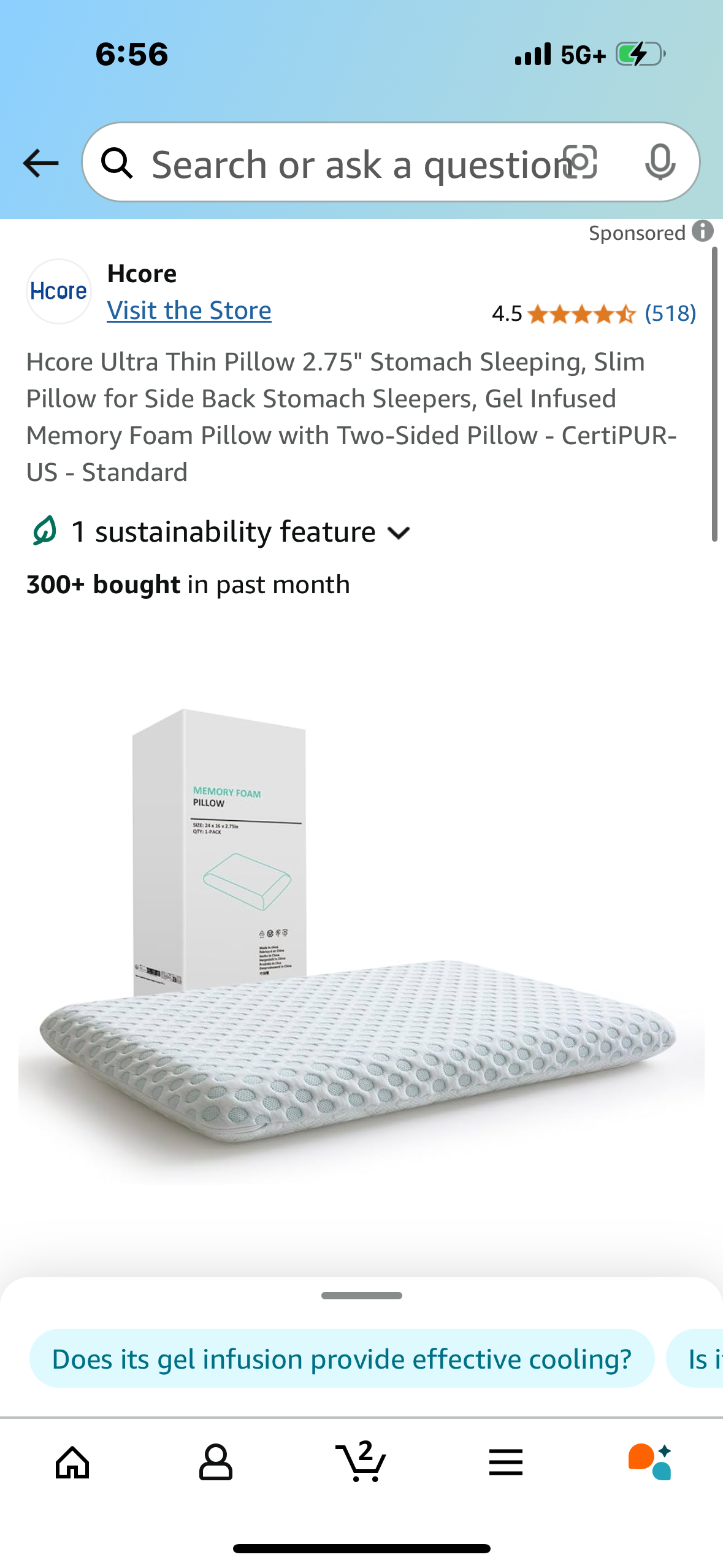 Hcore Ultra Thin Pillow 2.75" Stomach Sleeping, Slim Pillow for Side Back Stomach Sleepers, Gel Infused Memory Foam Pillow with Two-Sided Pillow - CertiPUR-US - Standard