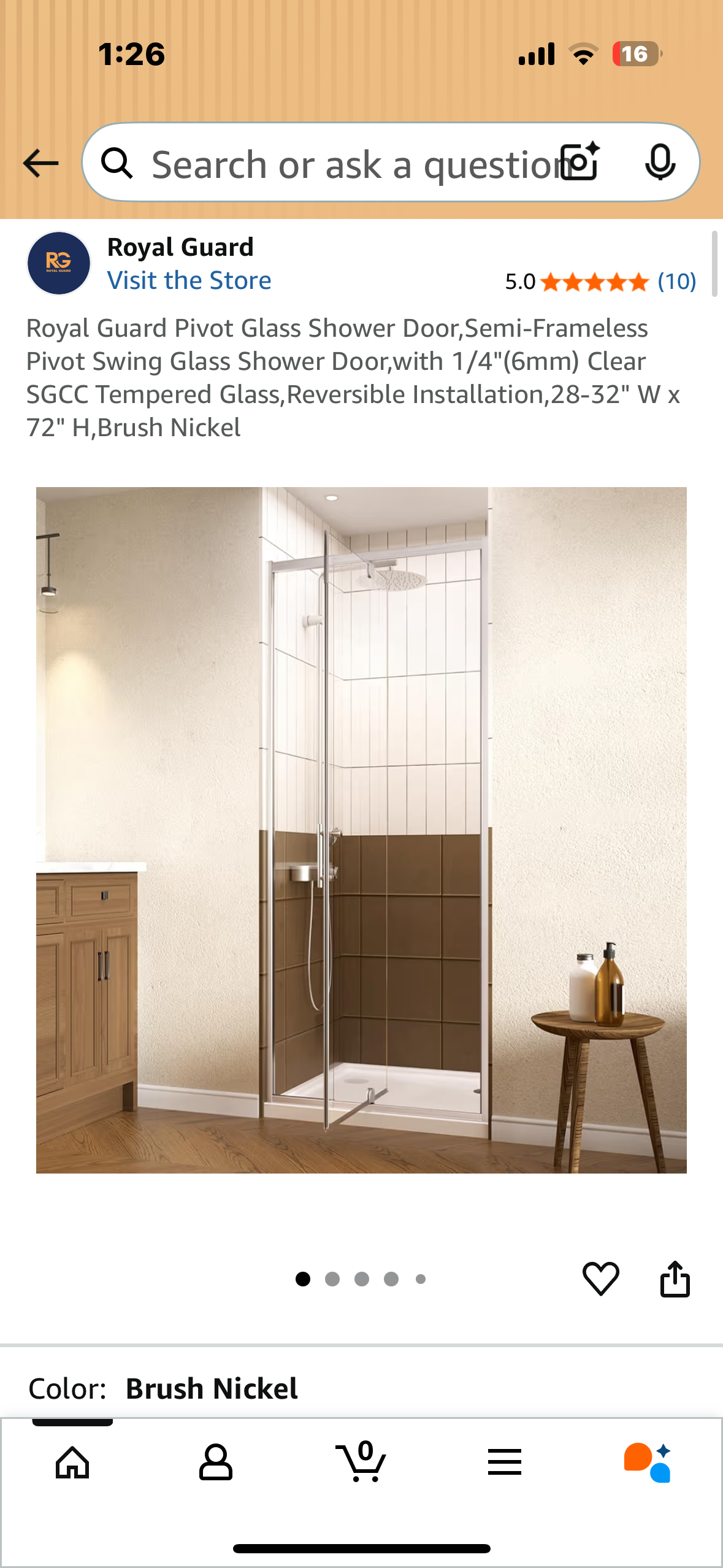 Royal Guard Pivot Glass Shower Door, Semi-Frameless Pivot Swing Glass Shower Door,with 1/4"(6mm) Clear SGCC Tempered Glass, Reversible Installation, 28-32" W x 72" H,Brush Nickel (B1118)