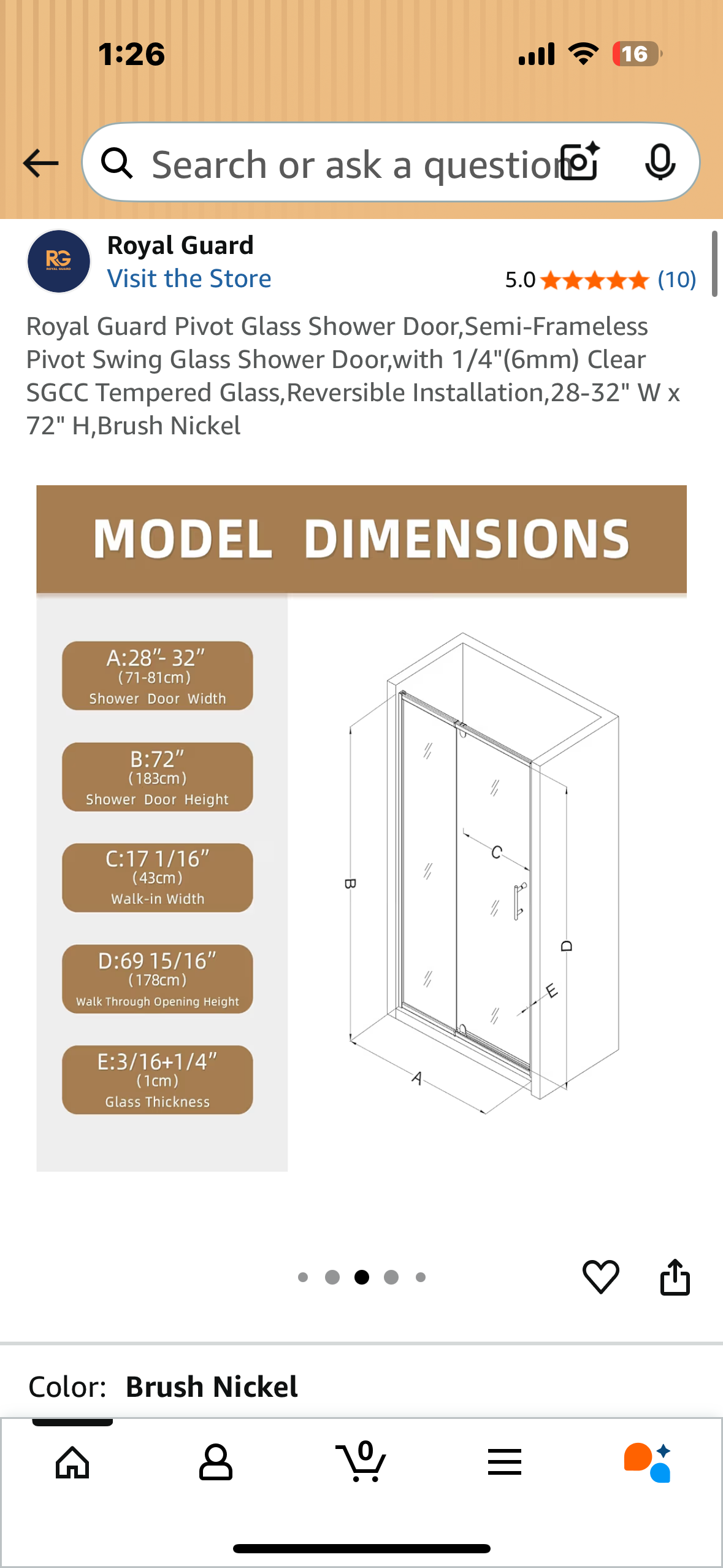 Royal Guard Pivot Glass Shower Door, Semi-Frameless Pivot Swing Glass Shower Door,with 1/4"(6mm) Clear SGCC Tempered Glass, Reversible Installation, 28-32" W x 72" H,Brush Nickel (B1118)