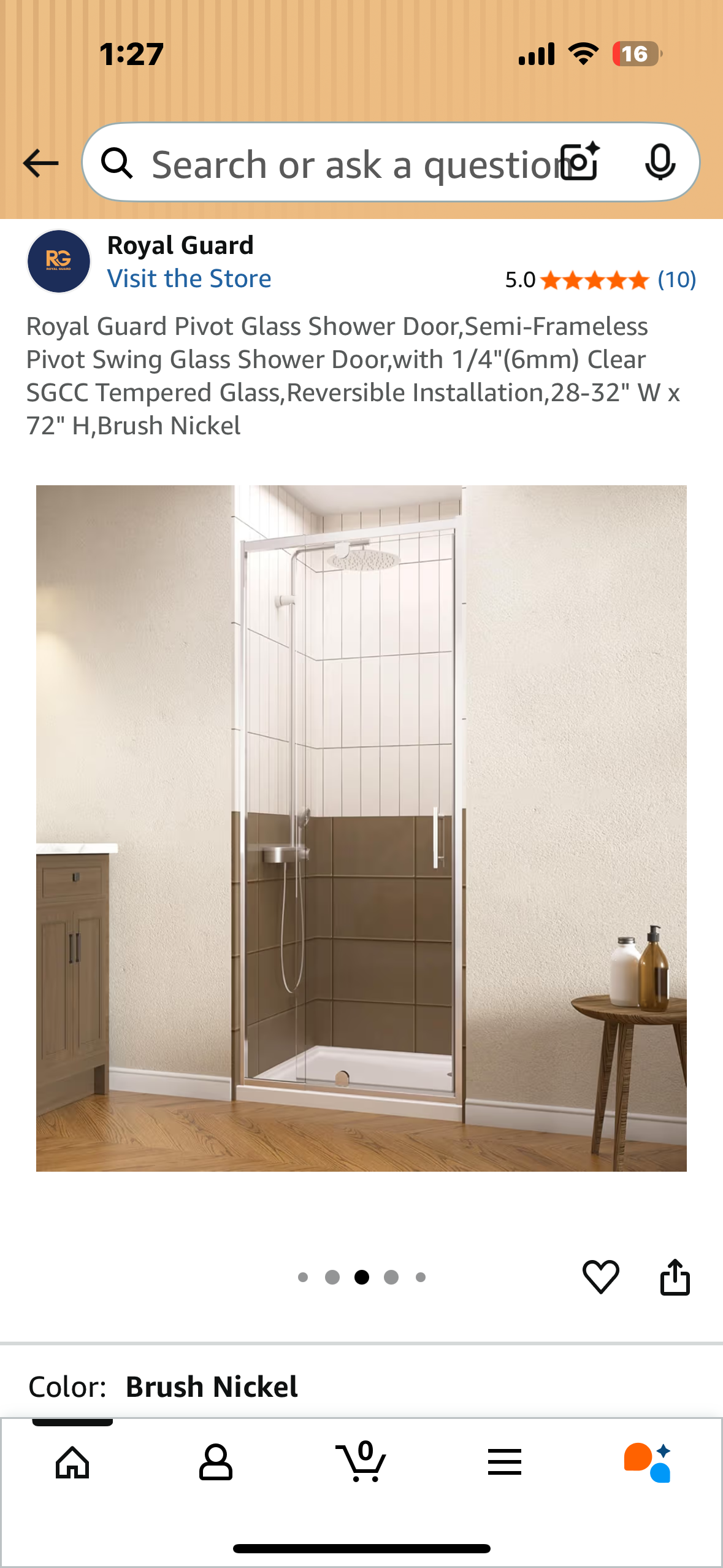 Royal Guard Pivot Glass Shower Door, Semi-Frameless Pivot Swing Glass Shower Door,with 1/4"(6mm) Clear SGCC Tempered Glass, Reversible Installation, 28-32" W x 72" H,Brush Nickel (B1118)
