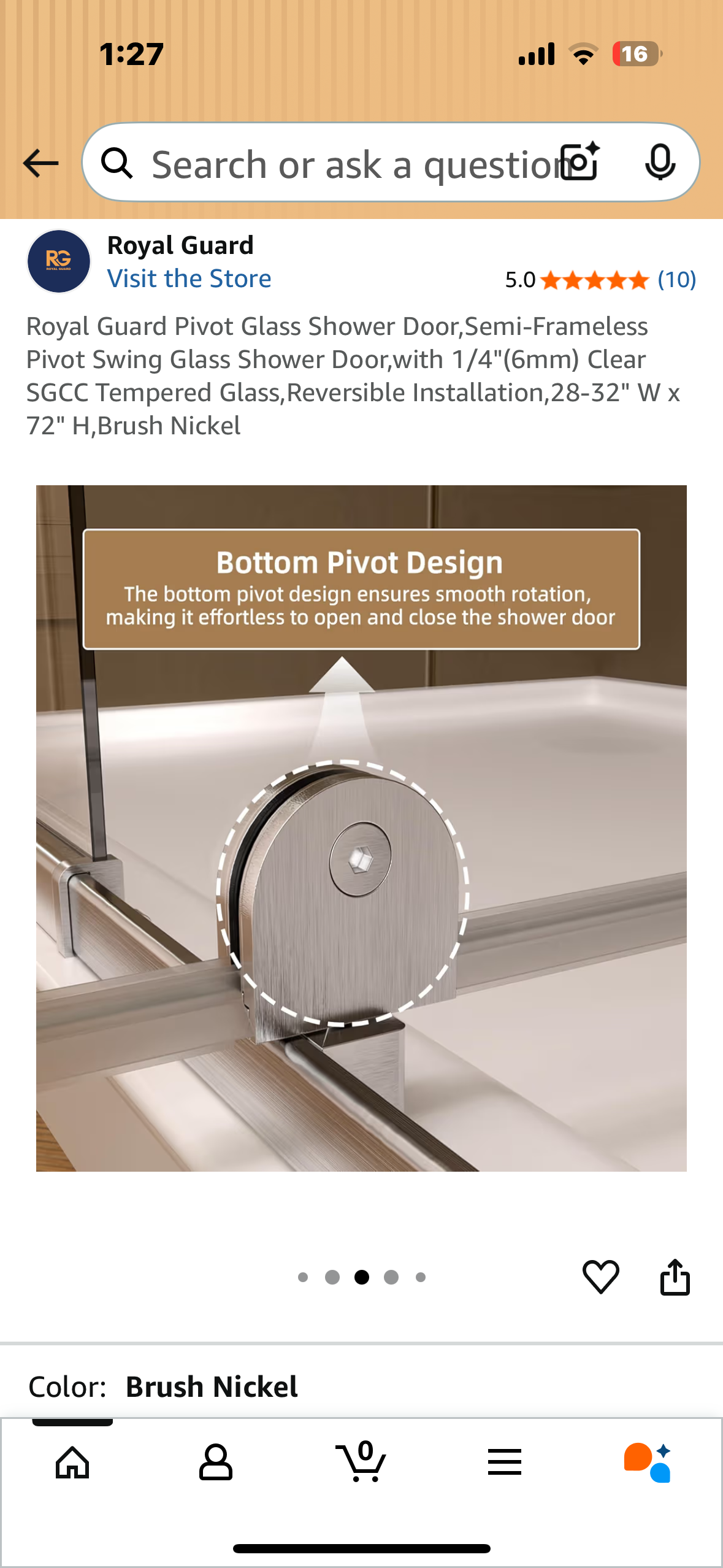 Royal Guard Pivot Glass Shower Door, Semi-Frameless Pivot Swing Glass Shower Door,with 1/4"(6mm) Clear SGCC Tempered Glass, Reversible Installation, 28-32" W x 72" H,Brush Nickel (B1118)