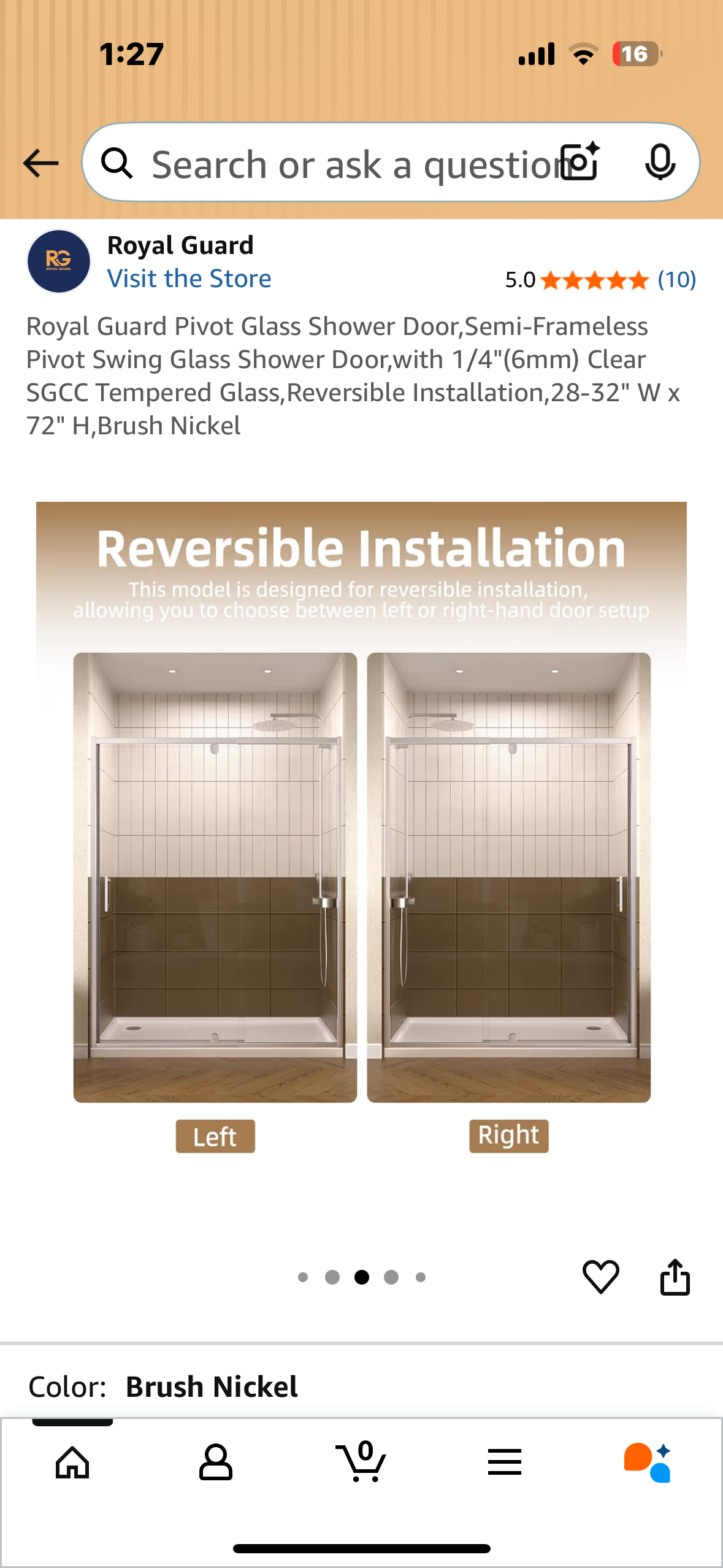 Royal Guard Pivot Glass Shower Door, Semi-Frameless Pivot Swing Glass Shower Door,with 1/4"(6mm) Clear SGCC Tempered Glass, Reversible Installation, 28-32" W x 72" H,Brush Nickel (B1118)