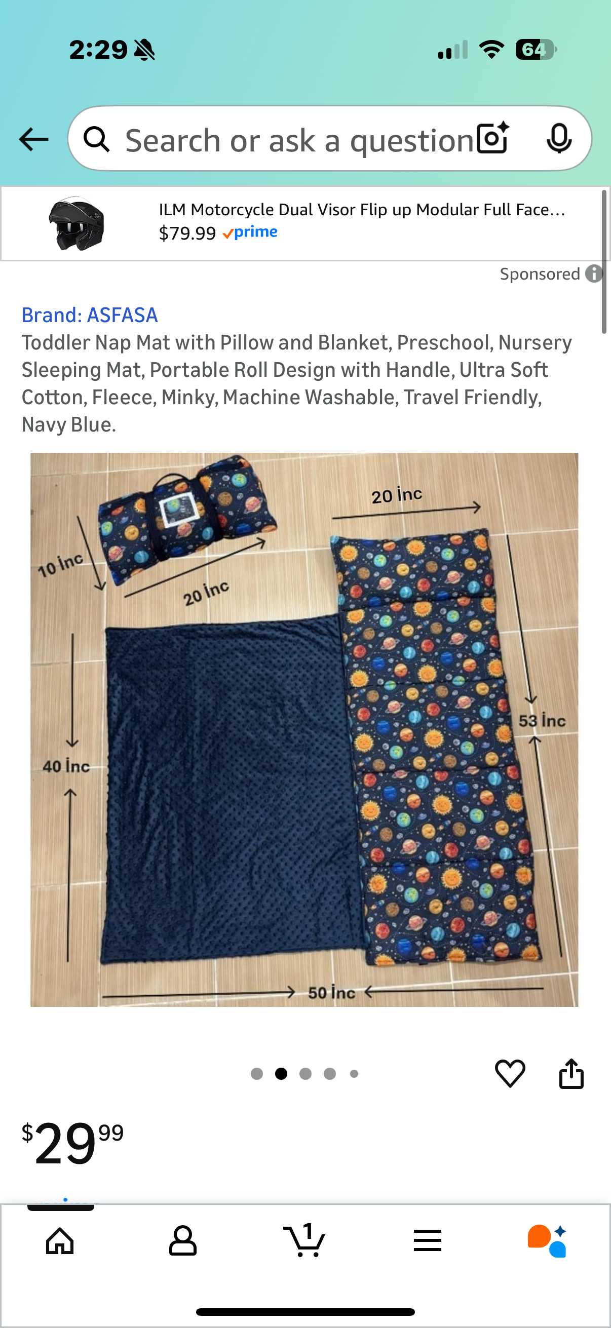 Toddler Nap Mat with Pillow and Blanket, Preschool, Nursery Sleeping Mat, Portable Roll Design with Handle, Ultra Soft Cotton, Fleece, Minky, Machine Washable, Travel Friendly, Navy Blue