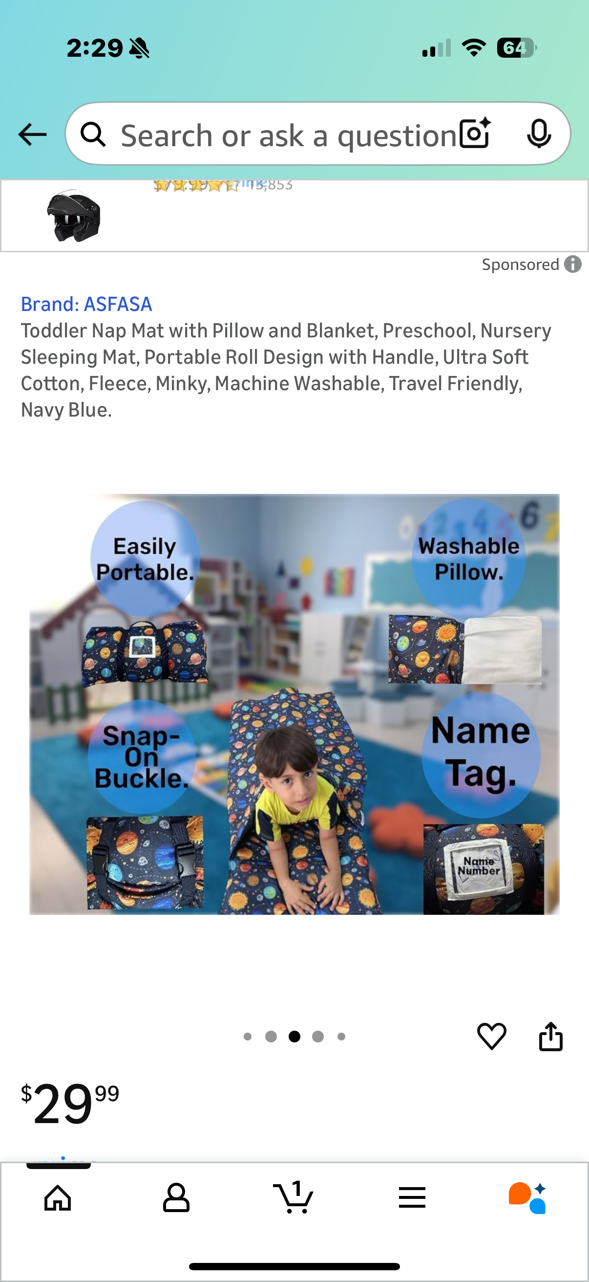 Toddler Nap Mat with Pillow and Blanket, Preschool, Nursery Sleeping Mat, Portable Roll Design with Handle, Ultra Soft Cotton, Fleece, Minky, Machine Washable, Travel Friendly, Navy Blue