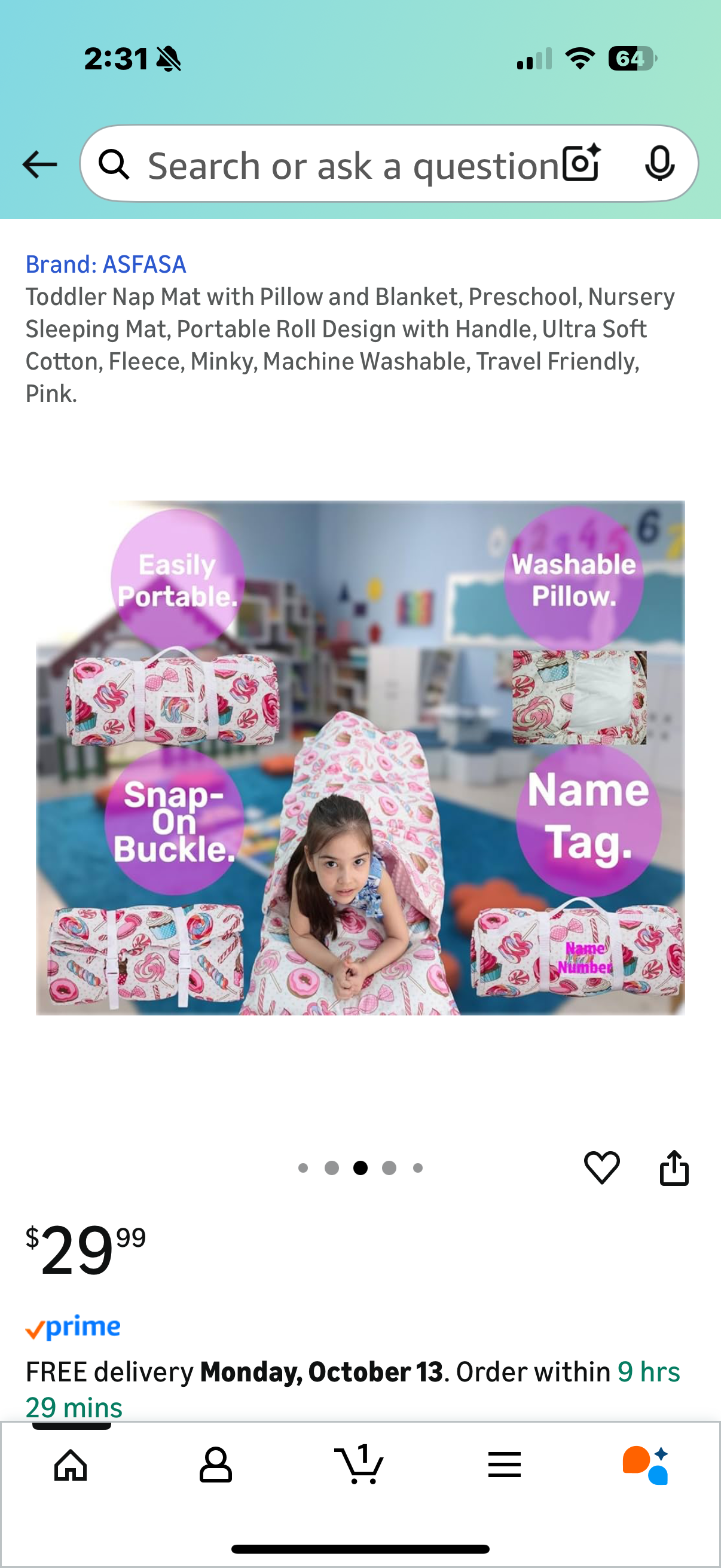 Toddler Nap Mat with Pillow and Blanket, Preschool, Nursery Sleeping Mat, Portable Roll Design with Handle, Ultra Soft Cotton, Fleece, Minky, Machine Washable, Travel Friendly, Pink.