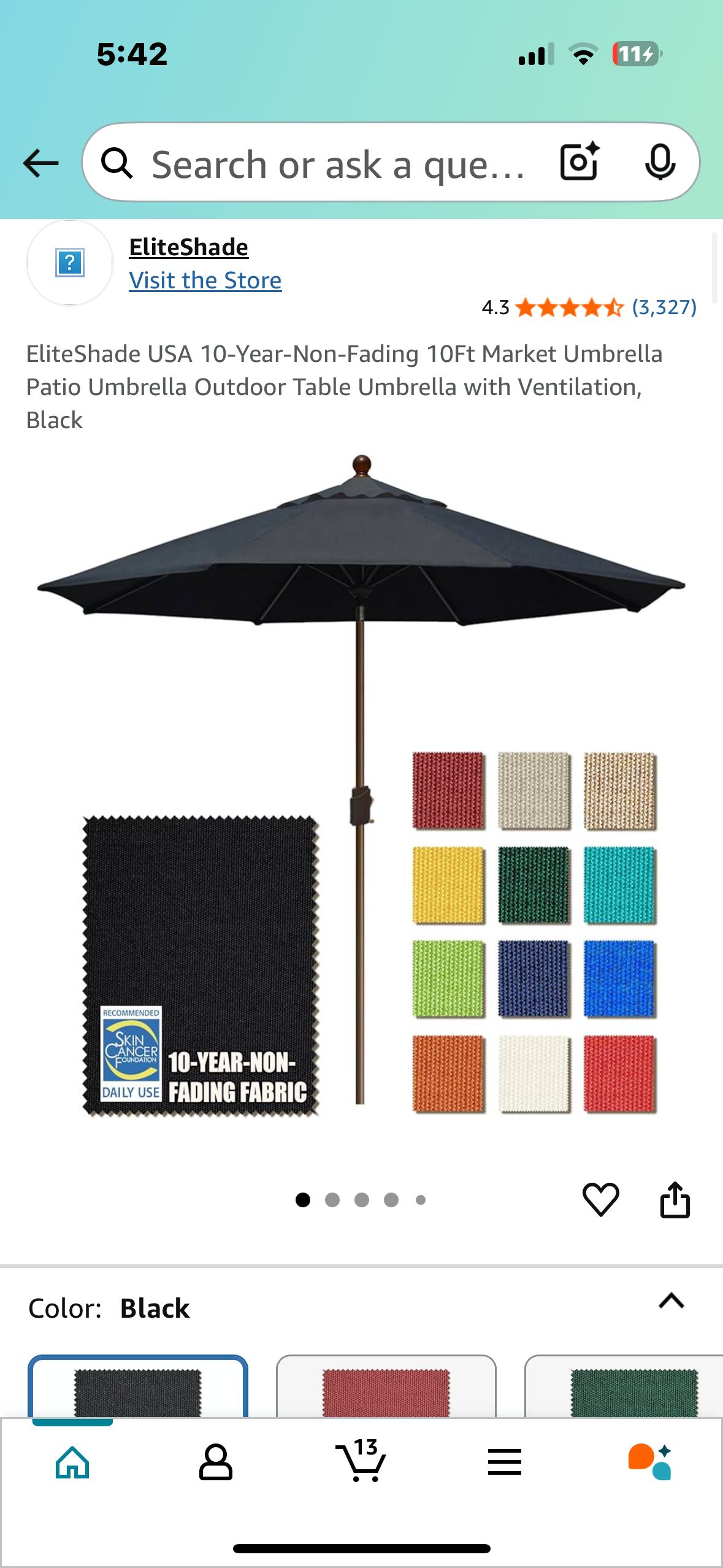 EliteShade USA 10-Year-Non-Fading 10Ft Patio Market Umbrella,Outdoor Table Umbrella with Ventilation, Black (G805)