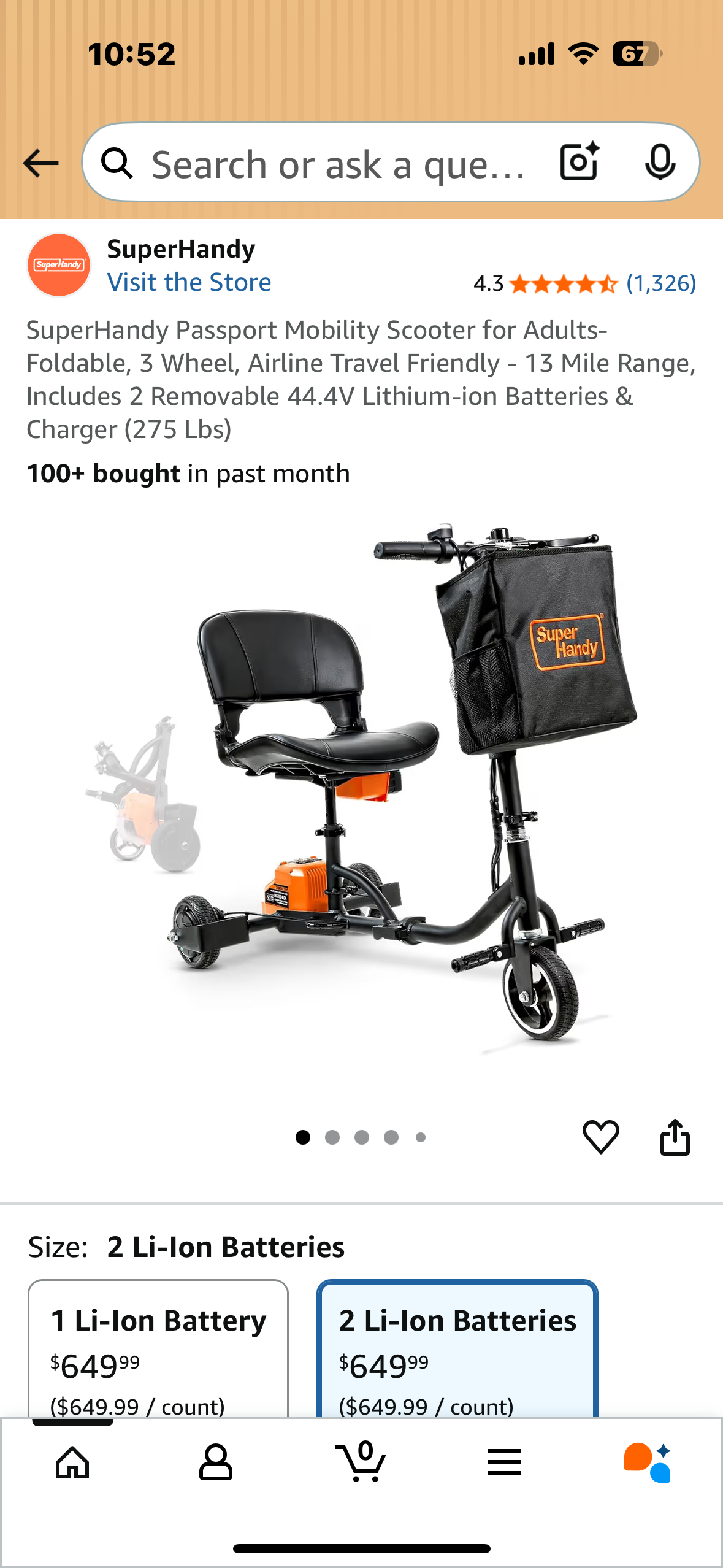 SuperHandy Passport Mobility Scooter for Adults- Foldable, 3 Wheel, Airline Travel Friendly - 13 Mile Range, Includes 2 Removable 44.4V Lithium-ion Batteries & Charger (275 Lbs) (R703)