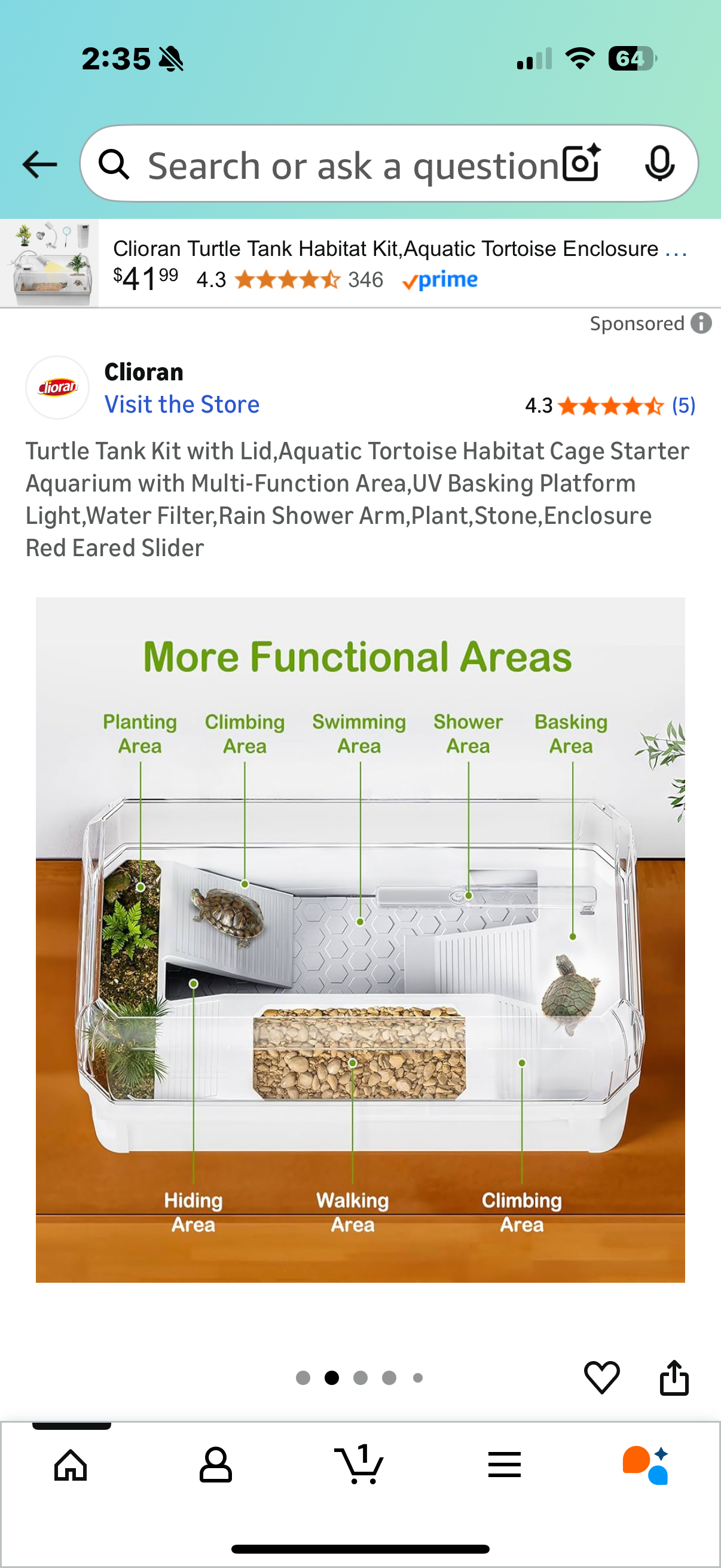 Turtle Tank Kit with Lid,Aquatic Tortoise Habitat Cage Starter Aquarium with Multi-Function Area,UV Basking Platform Light,Water Filter, Rain Shower Arm,Plant,Stone, Enclosure Red Eared Slider