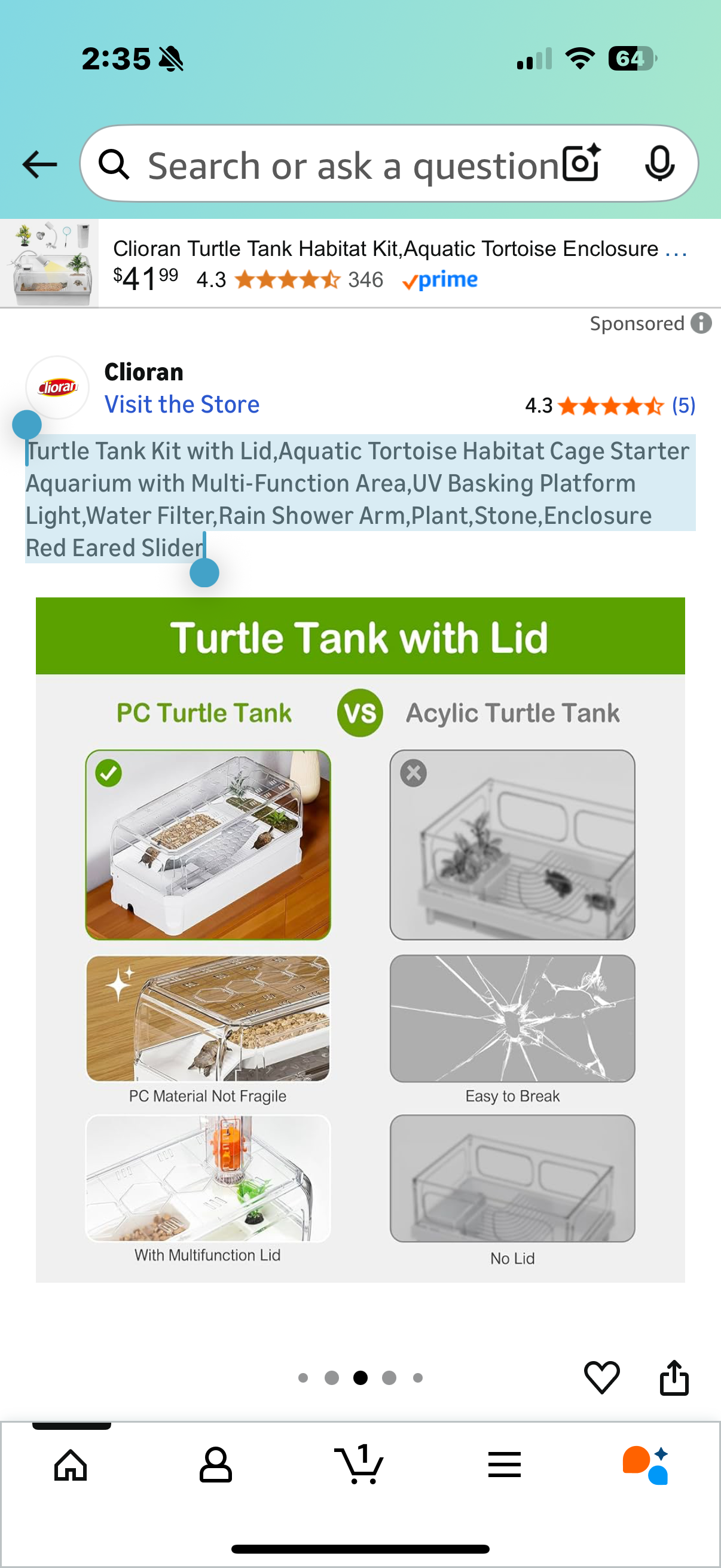 Turtle Tank Kit with Lid,Aquatic Tortoise Habitat Cage Starter Aquarium with Multi-Function Area,UV Basking Platform Light,Water Filter, Rain Shower Arm,Plant,Stone, Enclosure Red Eared Slider