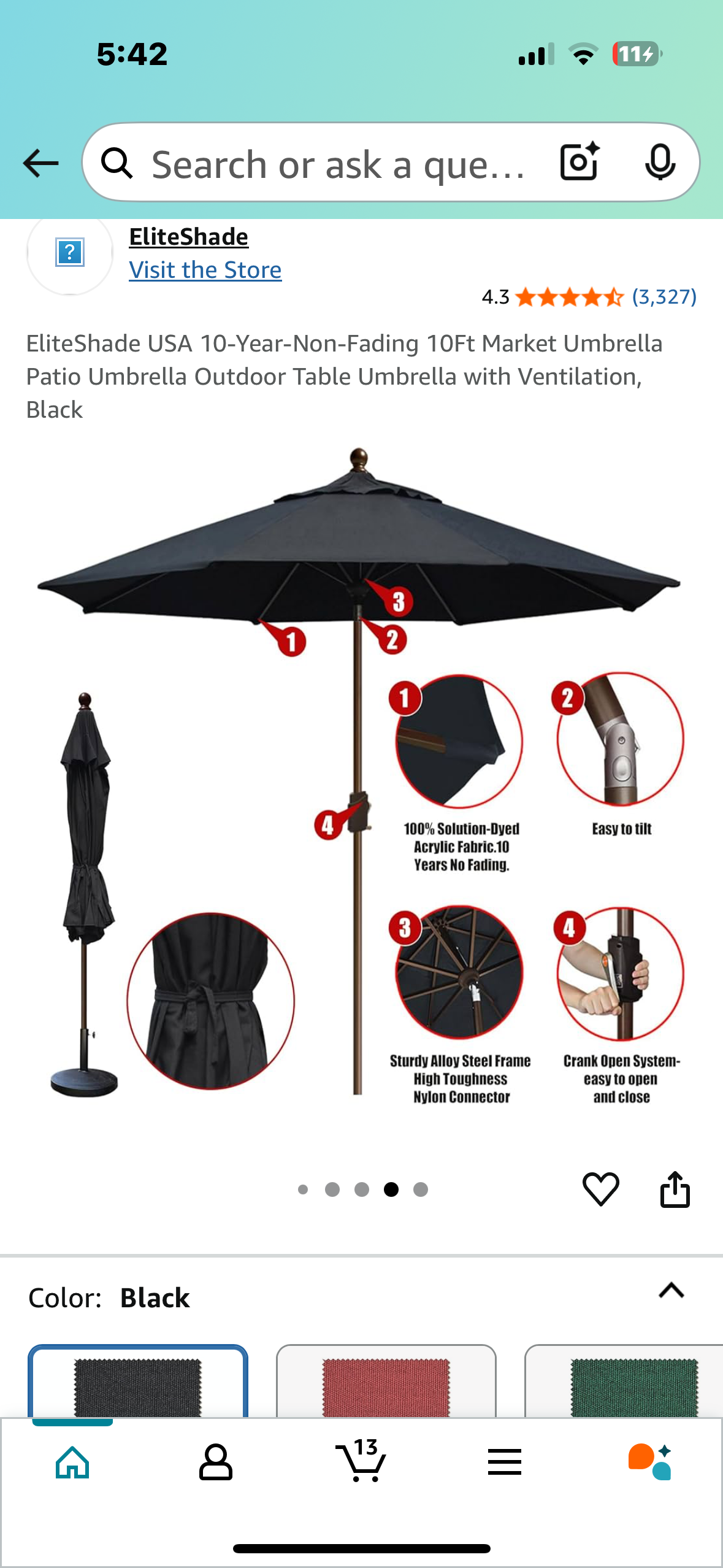 EliteShade USA 10-Year-Non-Fading 10Ft Patio Market Umbrella,Outdoor Table Umbrella with Ventilation, Black (G805)