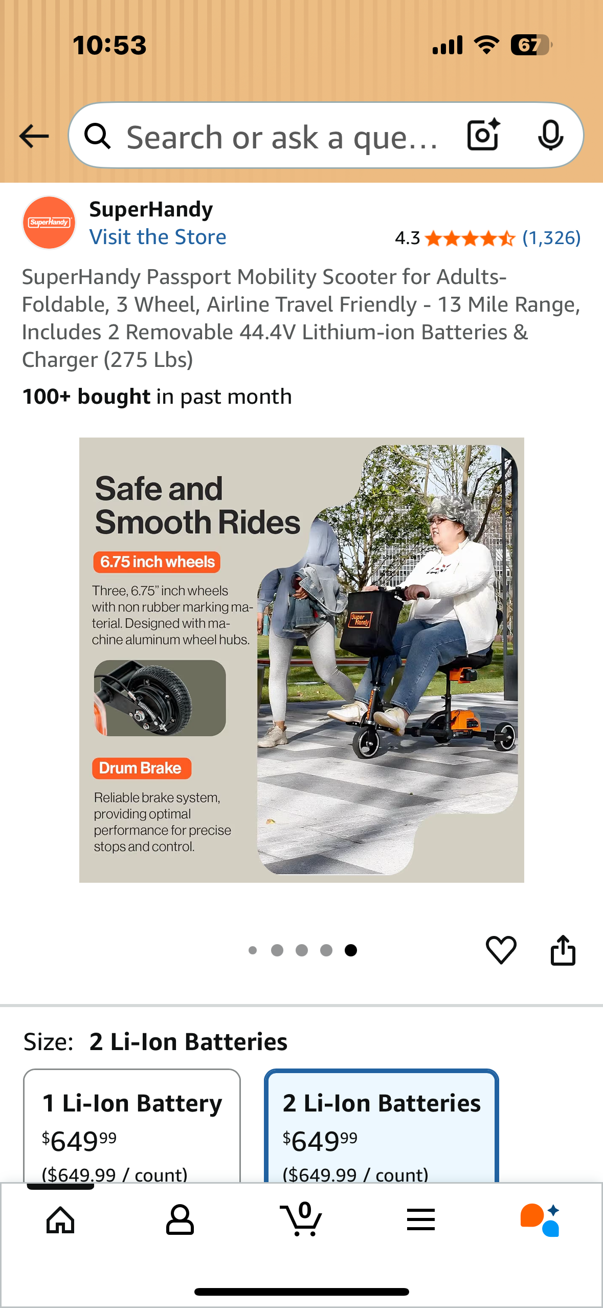 SuperHandy Passport Mobility Scooter for Adults- Foldable, 3 Wheel, Airline Travel Friendly - 13 Mile Range, Includes 2 Removable 44.4V Lithium-ion Batteries & Charger (275 Lbs) (R703)