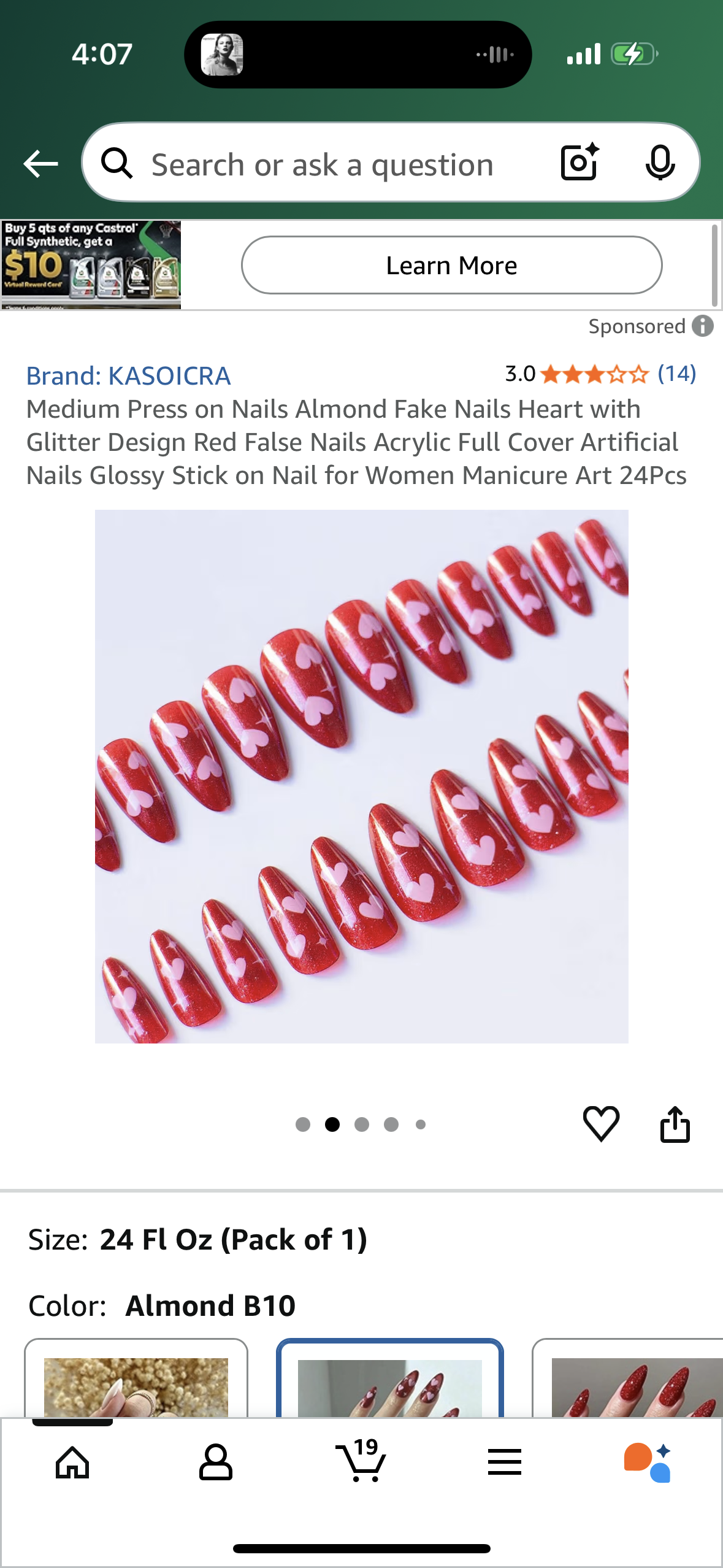 Medium Press on Nails Almond Fake Nails Heart with Glitter Design Red False Nails Acrylic Full Cover Artificial Nails Glossy Stick on Nail for Women Manicure Art 24Pcs