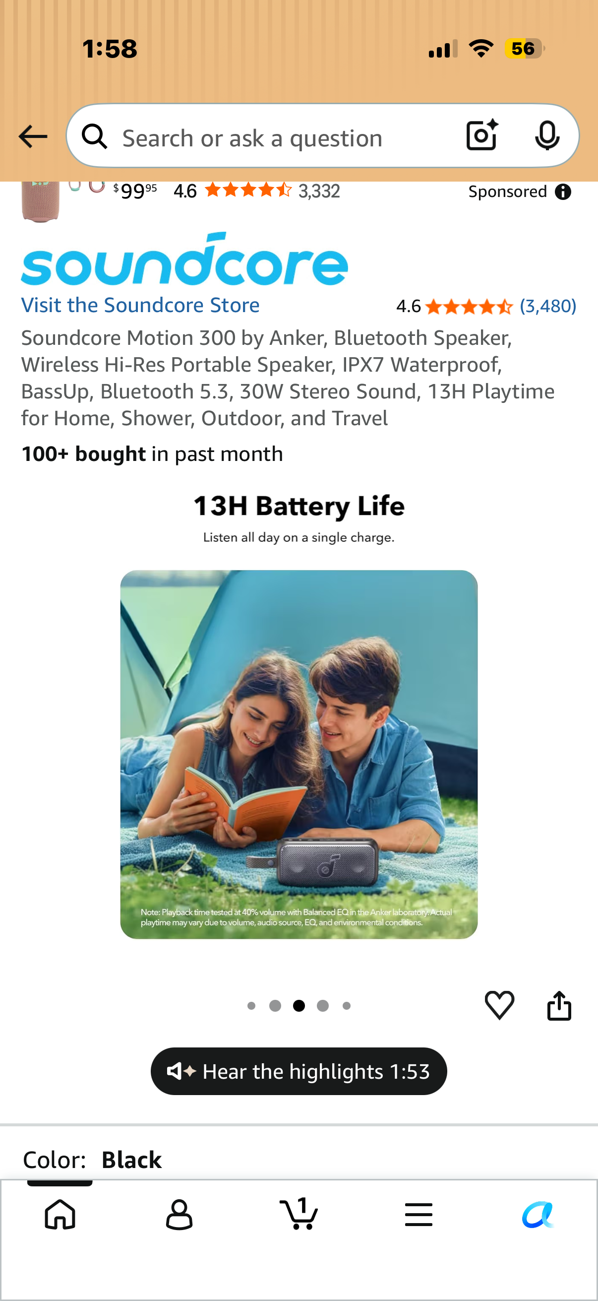 Soundcore Motion 300 by Anker, Bluetooth Speaker, Wireless Hi-Res Portable Speaker, IPX7 Waterproof, BassUp, Bluetooth 5.3, 30W Stereo Sound, 13H Playtime for Home, Shower, Outdoor, and Travel