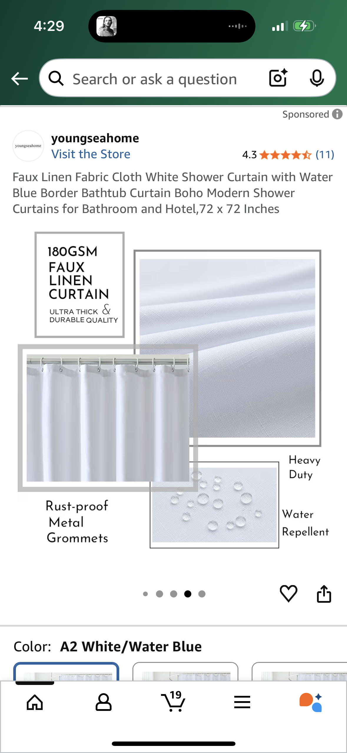 Faux Linen Fabric Cloth White Shower Curtain with Water Blue Border Bathtub Curtain Boho Modern Shower Curtains for Bathroom and Hotel,72 x 72 Inches