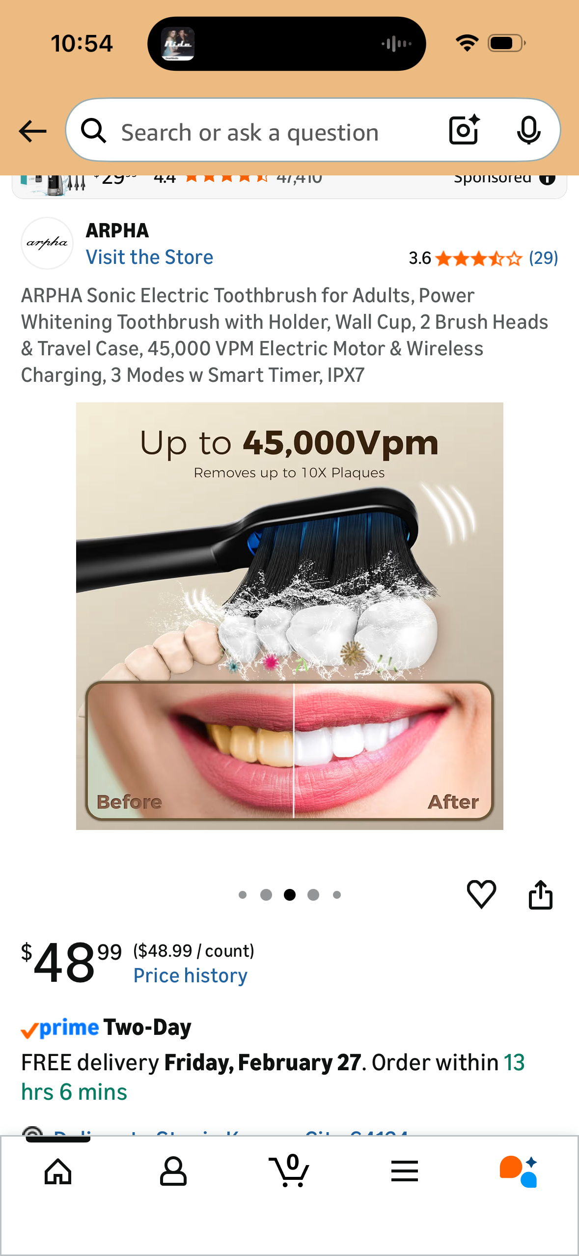 ARPHA Sonic Electric Toothbrush for Adults, Power Whitening Toothbrush with Holder, Wall Cup, 2 Brush Heads & Travel Case, 45,000 VPM Electric Motor & Wireless Charging, 3 Modes w Smart Timer, IPX7