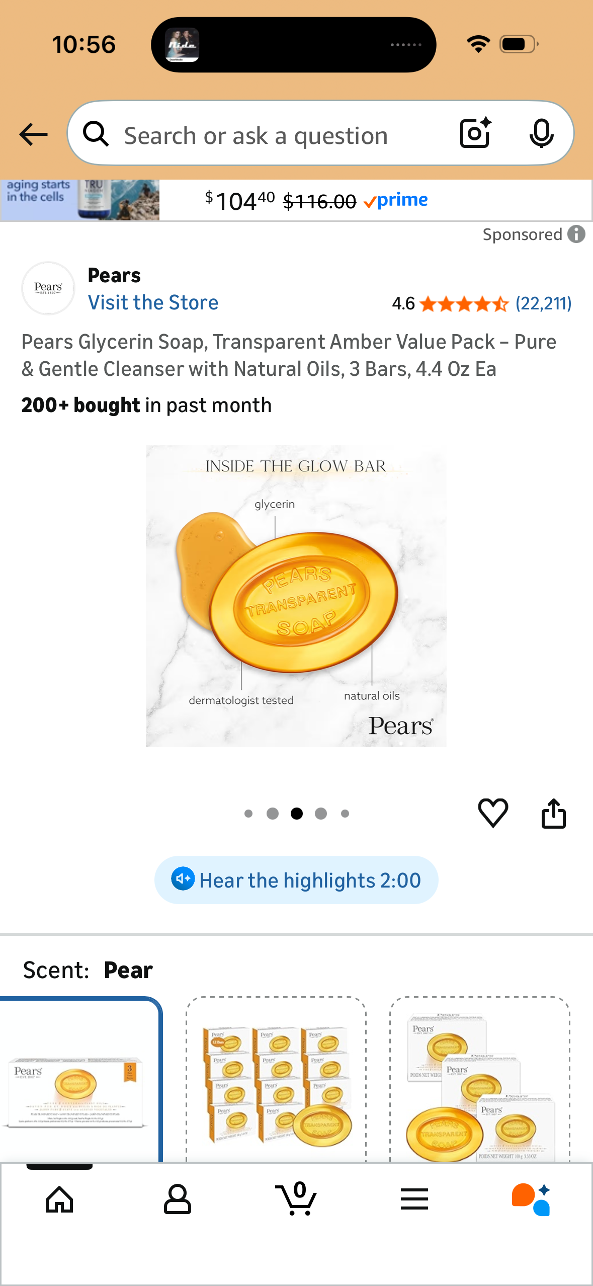 Pears Glycerin Soap, Transparent Amber Value Pack – Pure & Gentle Cleanser with Natural Oils, 3 Bars, 4.4 Oz Ea