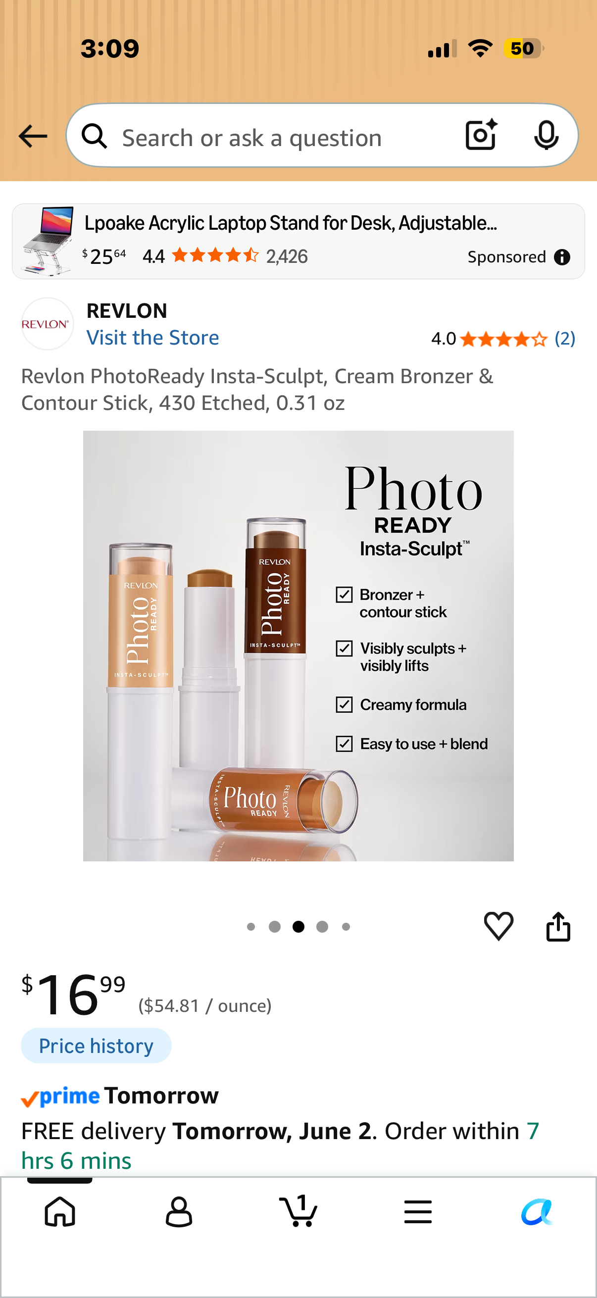 Revlon PhotoReady Insta-Sculpt, Cream Bronzer & Contour Stick, 430 Etched, 0.31 oz