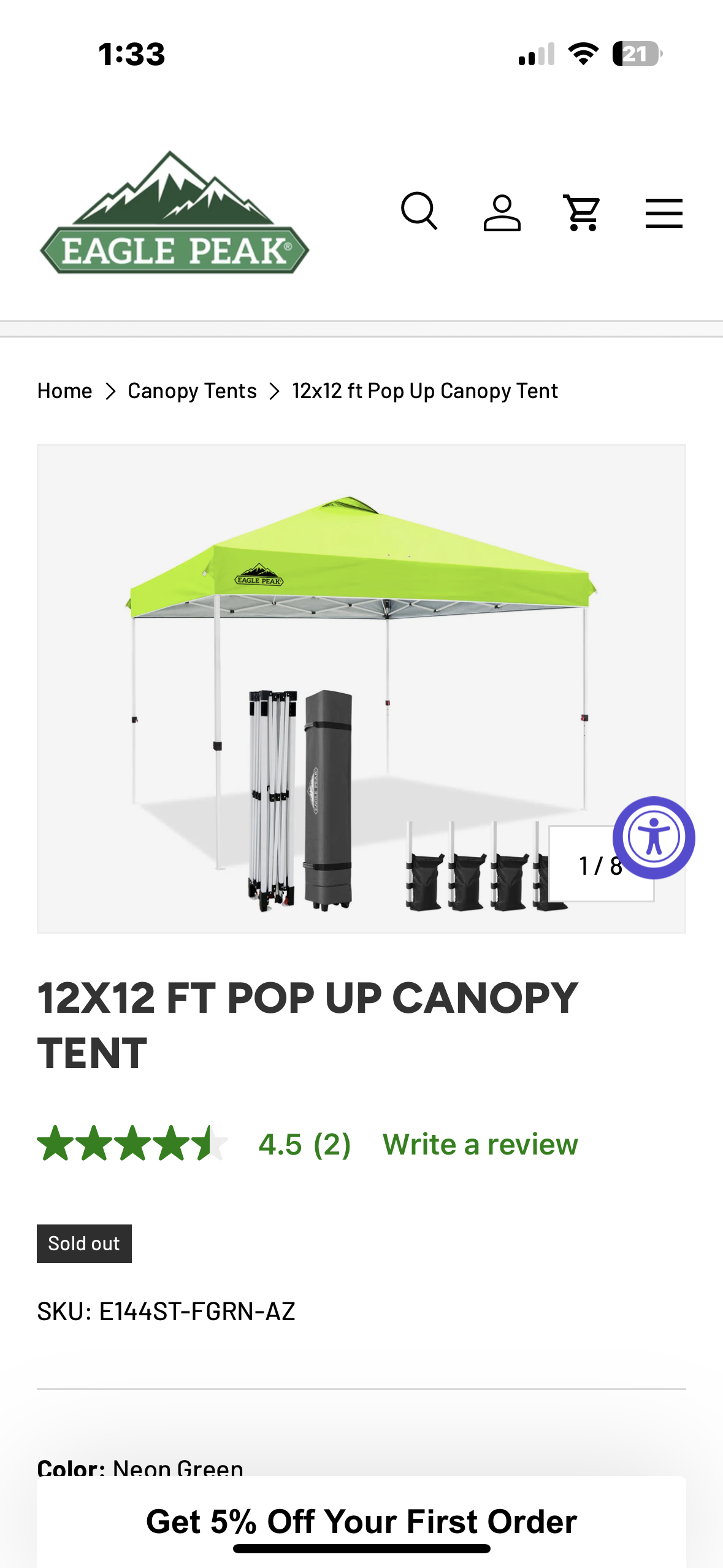 EAGLE PEAK Pop Up Canopy Tent with Wheeled Carry Bag, 8 Stakes, 4 Ropes, 4 Weight Bags, Easy Set Up Tent Canopy, 12x12 ft, 144sqft of Shade, Neon Green (W521)