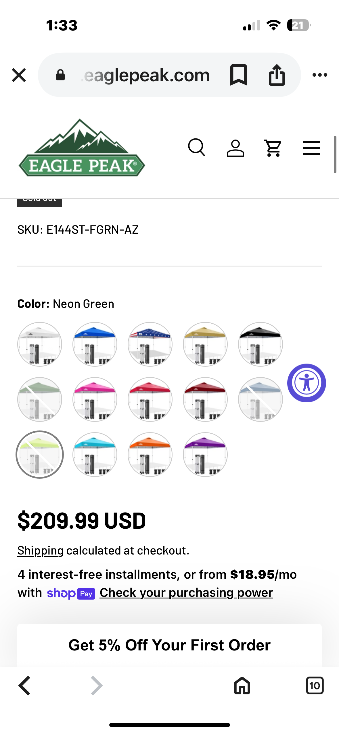 EAGLE PEAK Pop Up Canopy Tent with Wheeled Carry Bag, 8 Stakes, 4 Ropes, 4 Weight Bags, Easy Set Up Tent Canopy, 12x12 ft, 144sqft of Shade, Neon Green (W521)