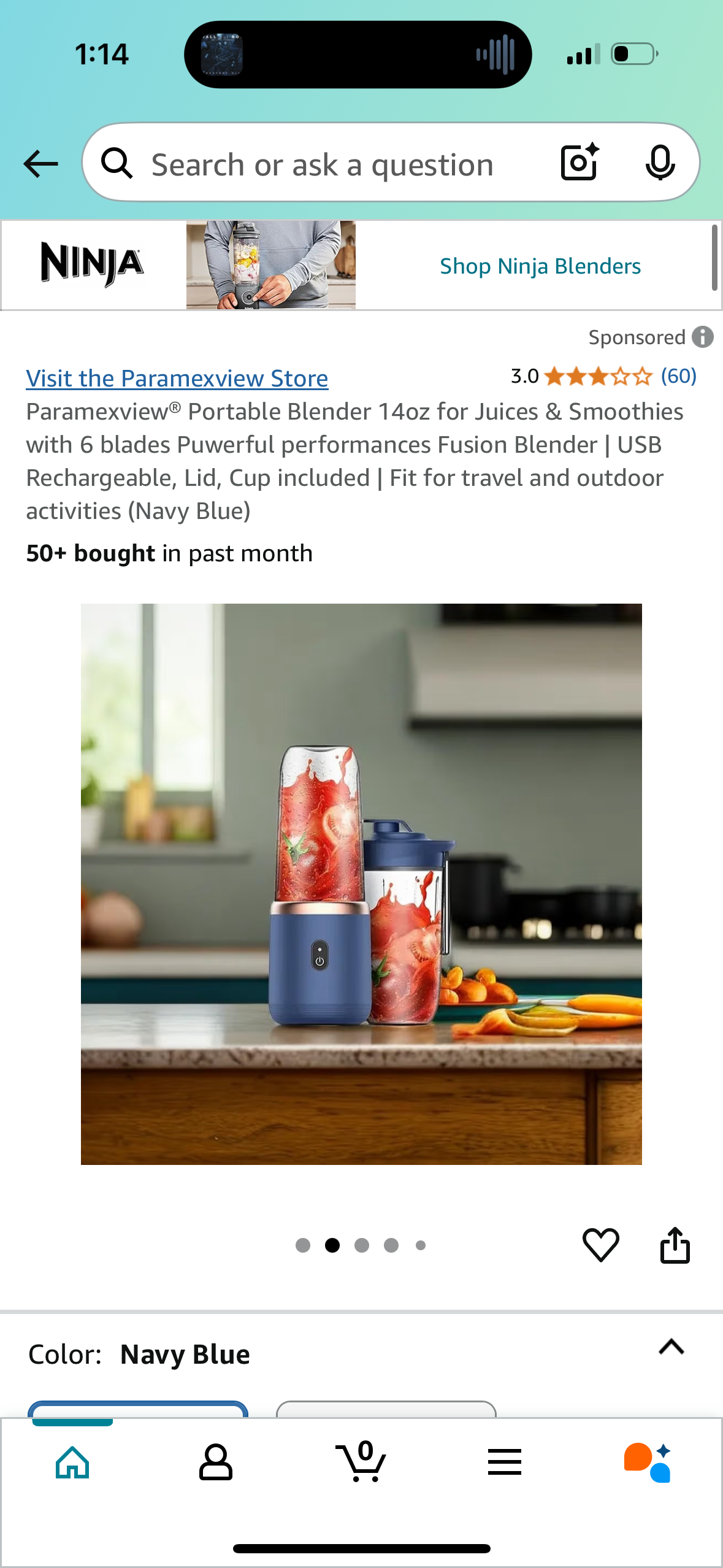 Paramexview® Portable Blender 14oz for Juices & Smoothies with 6 blades Puwerful performances Fusion Blender | USB Rechargeable, Lid, Cup included | Fit for travel and outdoor activities (Navy Blue)