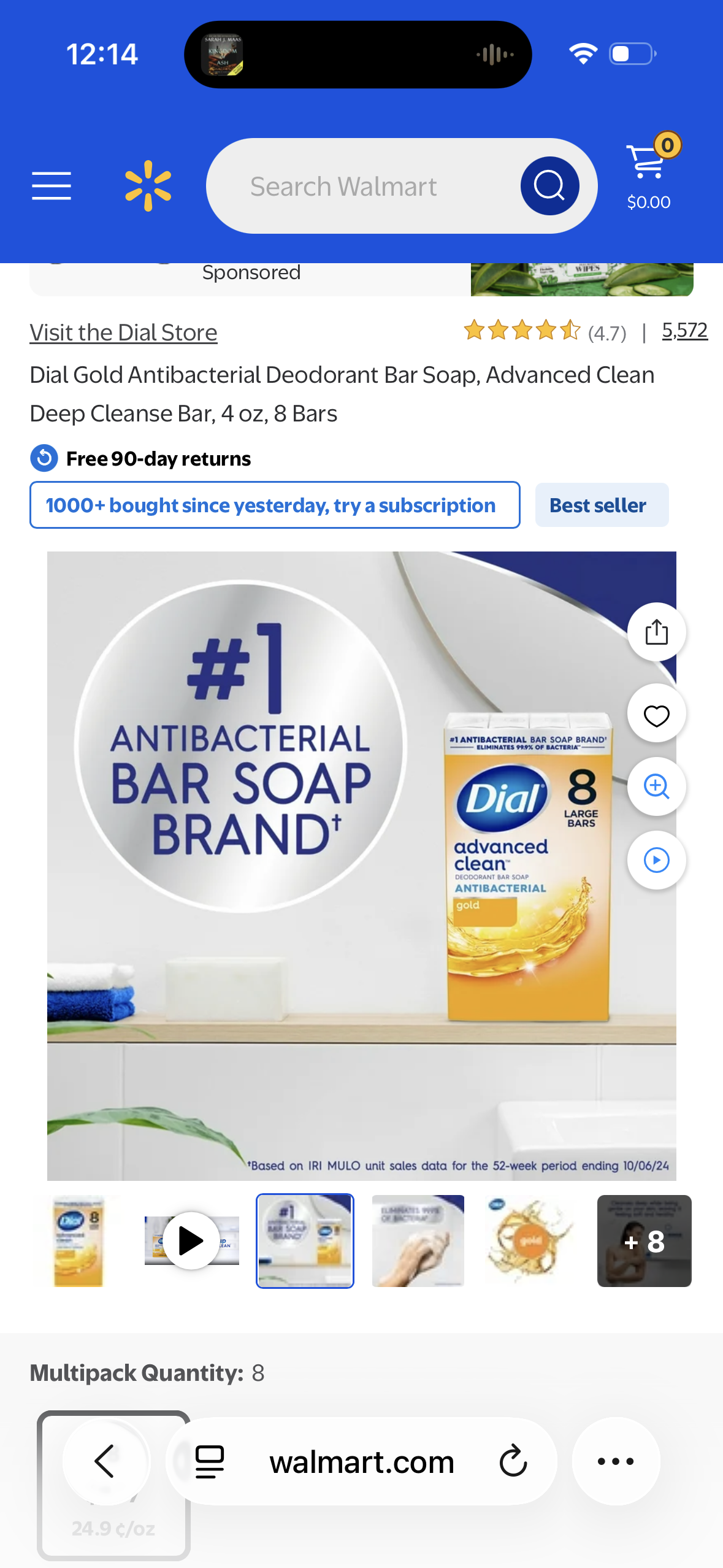 Dial Gold Antibacterial Deodorant Bar Soap, Advanced Clean Deep Cleanse Bar, 4 oz, 8 Bars