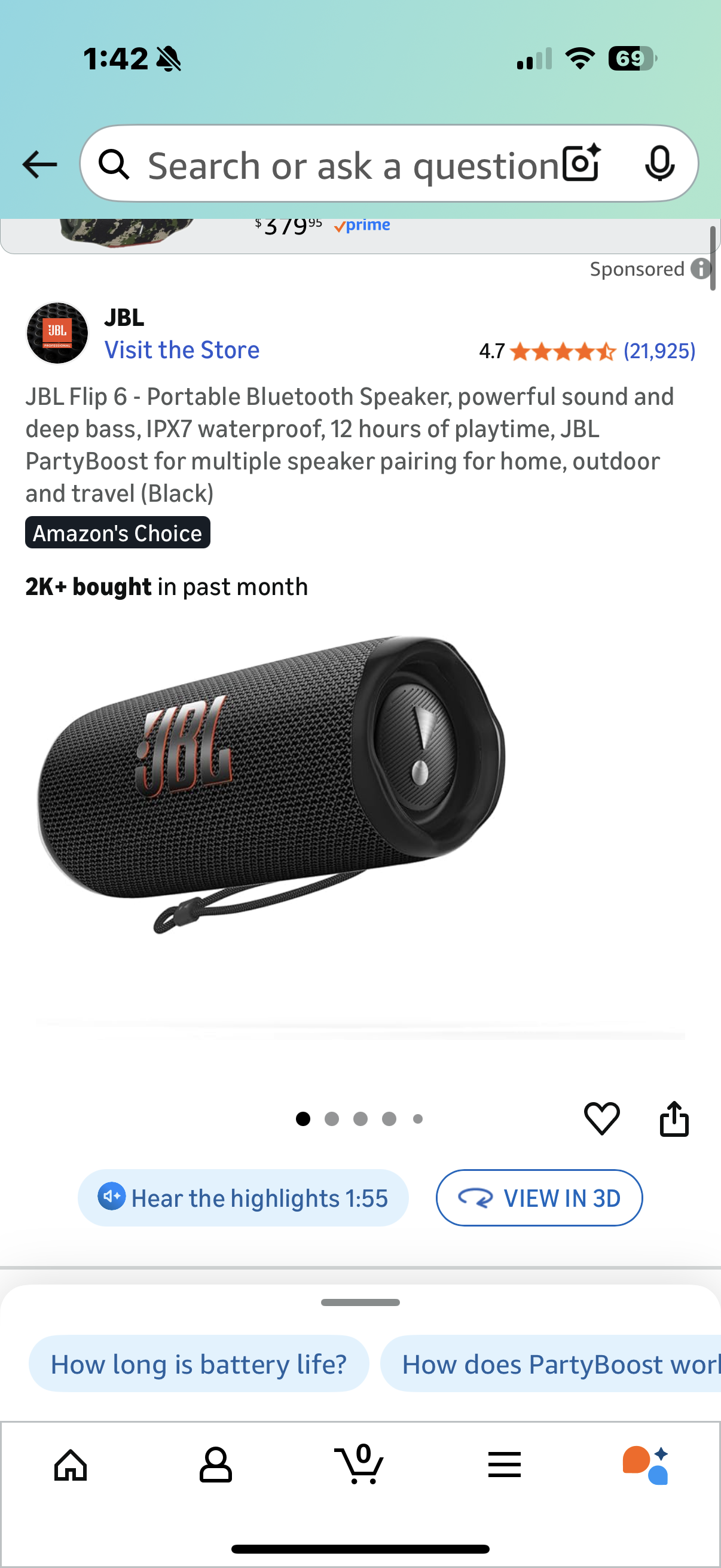 JBL Flip 6 - Portable Bluetooth Speaker, powerful sound and deep bass, IPX7 waterproof, 12 hours of playtime, JBL PartyBoost for multiple speaker pairing for home, outdoor and travel (Black)