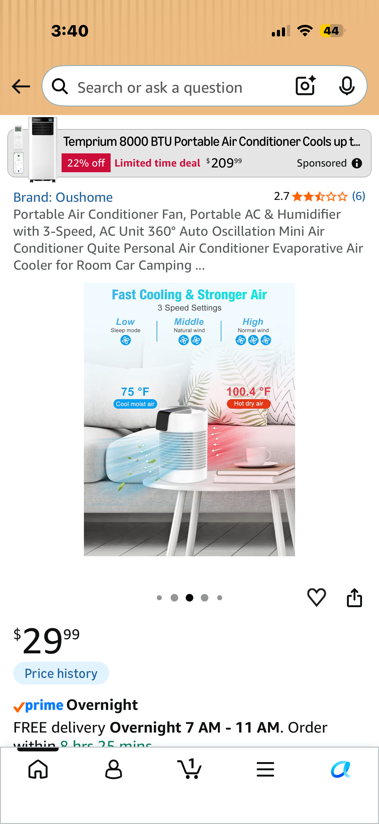 Portable Air Conditioner Fan, Portable AC & Humidifier with 3-Speed, AC Unit 360° Auto Oscillation Mini Air Conditioner Quite Personal Air Conditioner Evaporative Air Cooler for Room Car Camping