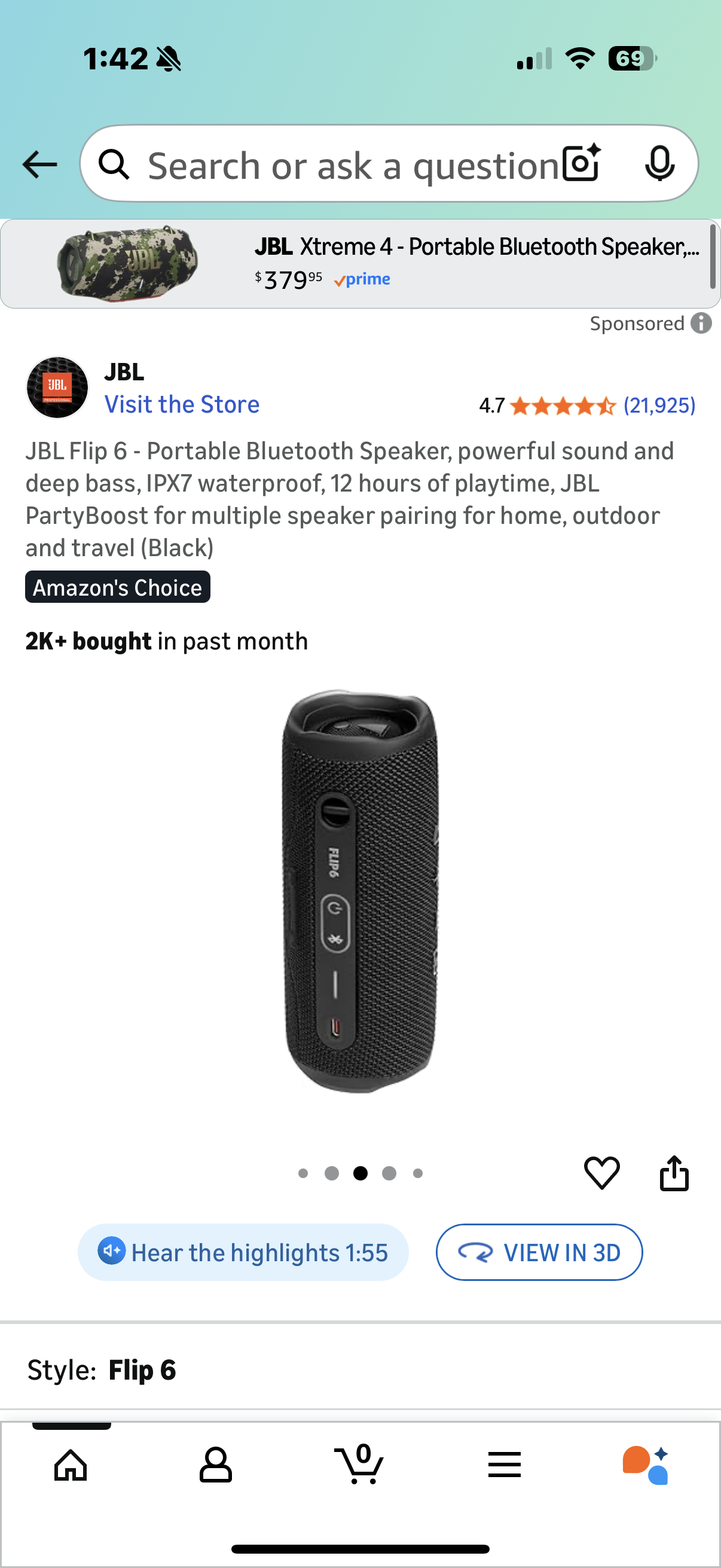 JBL Flip 6 - Portable Bluetooth Speaker, powerful sound and deep bass, IPX7 waterproof, 12 hours of playtime, JBL PartyBoost for multiple speaker pairing for home, outdoor and travel (Black)