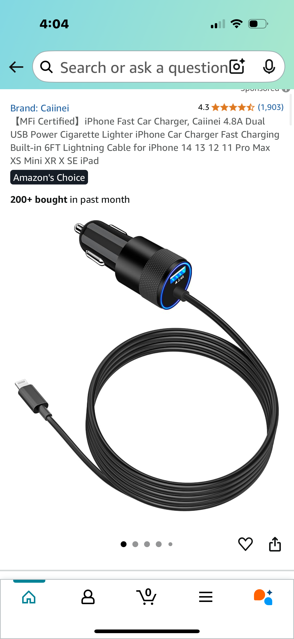 MFi Certified】iPhone Fast Car Charger, Caiinei 4.8A Dual USB Power Cigarette Lighter iPhone Car Charger Fast Charging Built-in 6FT Lightning Cable for iPhone 14 13 12 11 Pro Max XS Mini XR X SE iPad