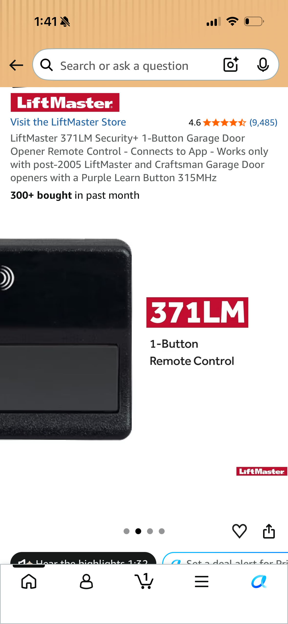 LiftMaster 371LM Security+ 1-Button Garage Door Opener Remote Control - Connects to App - Works only with post-2005 LiftMaster and Craftsman Garage Door openers with a Purple Learn Button 315MHz