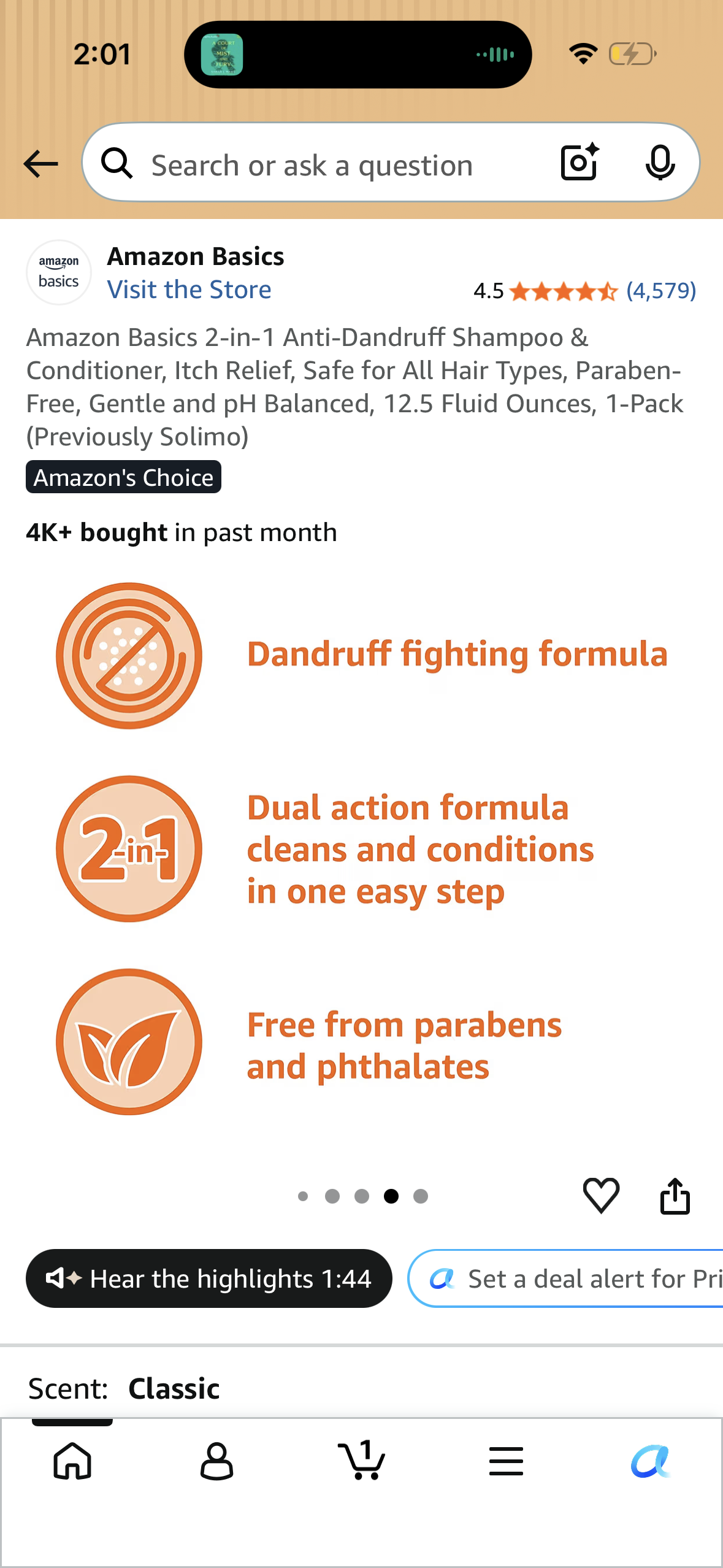 Amazon Basics 2-in-1 Anti-Dandruff Shampoo & Conditioner, Itch Relief, Safe for All Hair Types, Paraben-Free, Gentle and pH Balanced, 12.5 Fluid Ounces, 1-Pack (Previously Solimo)