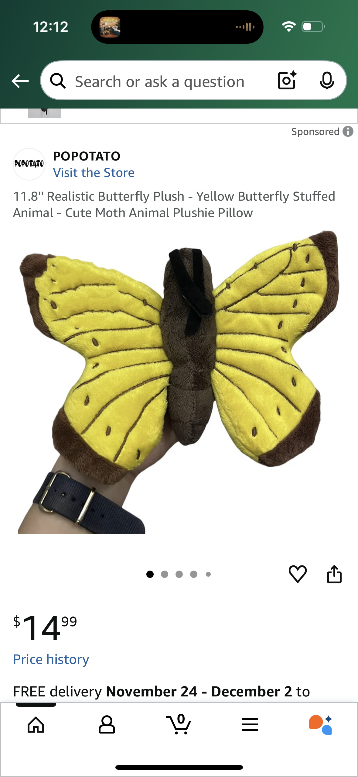 11.8'' Realistic Butterfly Plush - Yellow Butterfly Stuffed Animal - Cute Moth Animal Plushie Pillow