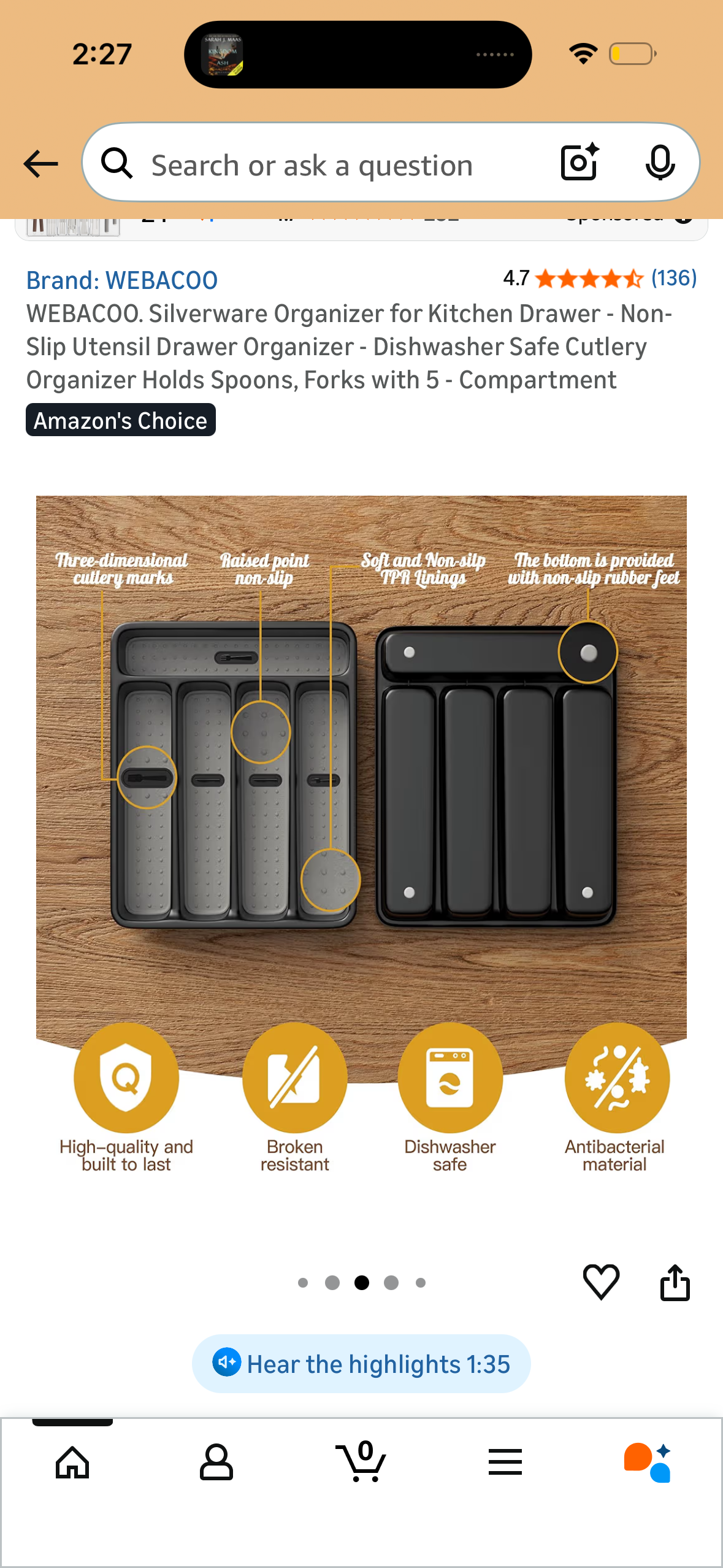 WEBACOO. Silverware Organizer for Kitchen Drawer - Non-Slip Utensil Drawer Organizer - Dishwasher Safe Cutlery Organizer Holds Spoons, Forks with 5 - Compartment