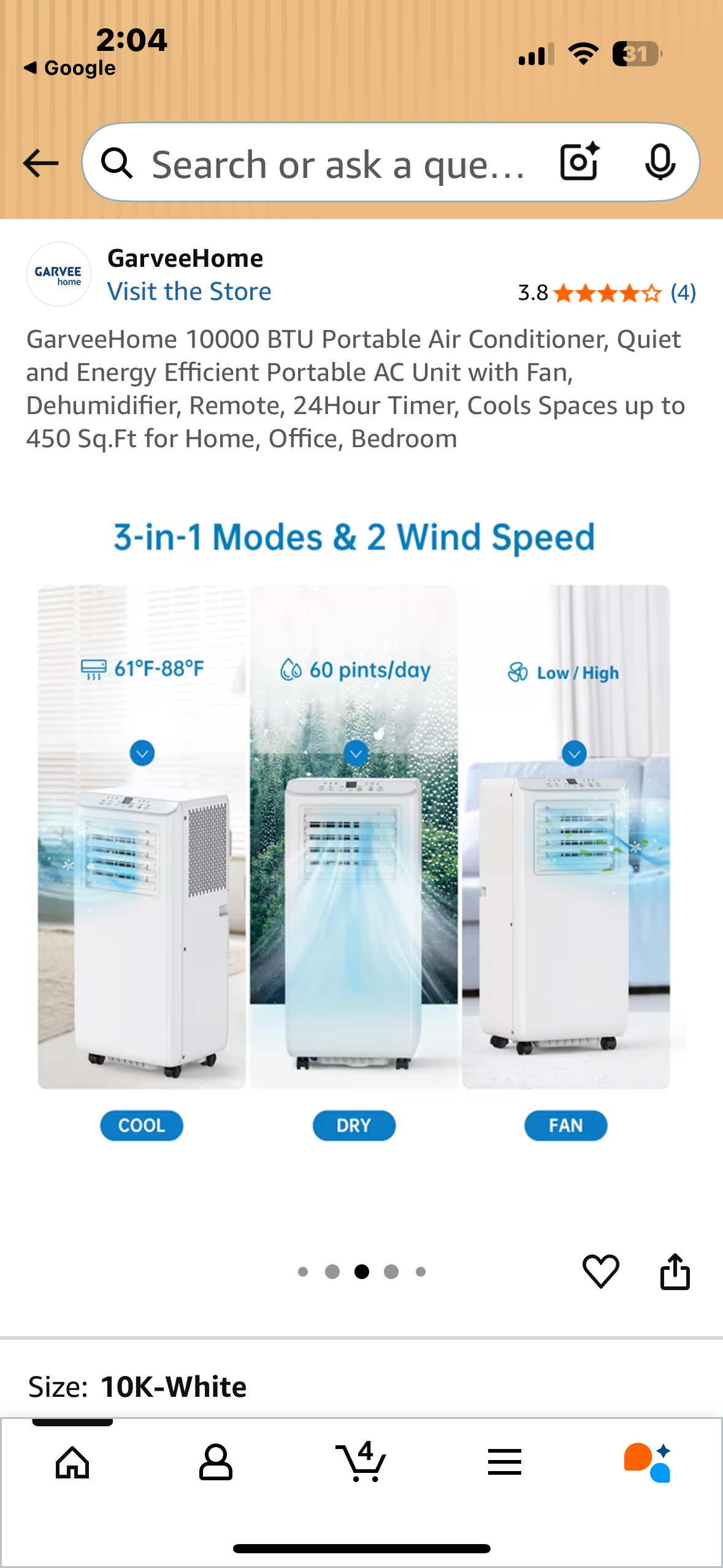 GarveeHome 10000 BTU Portable Air Conditioner, Quiet and Energy Efficient Portable AC Unit with Fan, Dehumidifier, Remote, 24Hour Timer, Cools Spaces up to 450 Sq.Ft for Home, Office, Bedroom (R706)