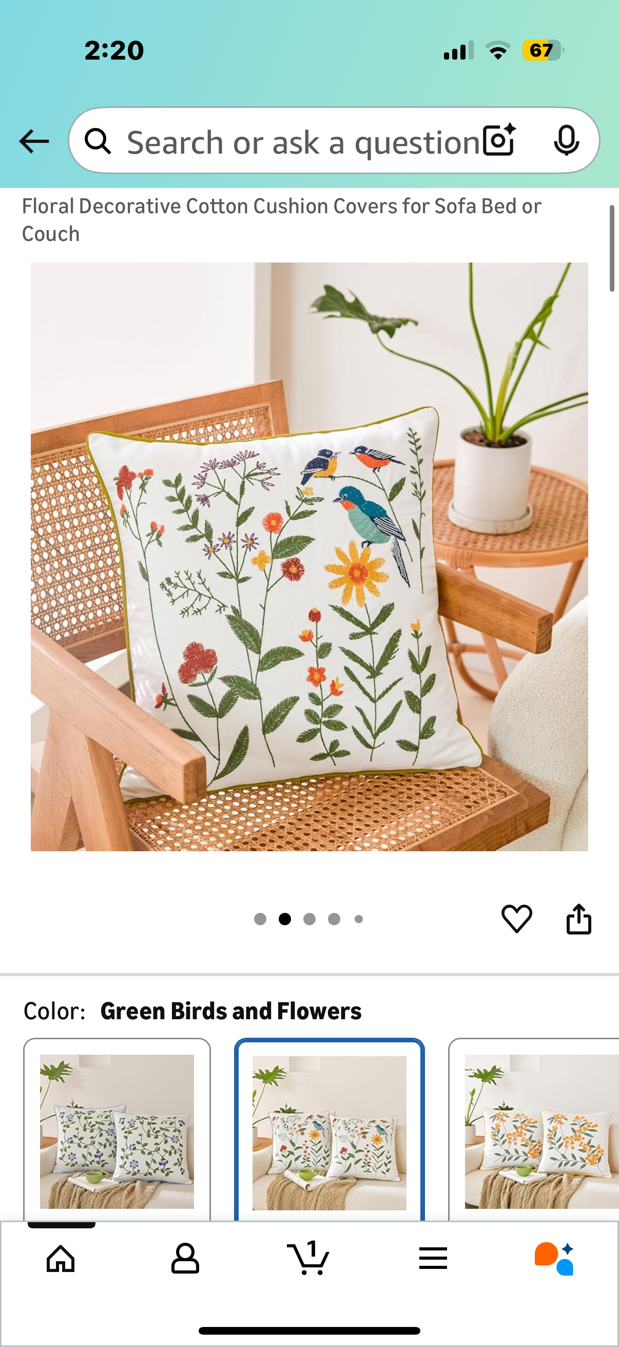 Summer Pillow Covers 18x18 Set of 2 – Embroidered Bird and Floral Decorative Cotton Cushion Covers for Sofa Bed or Couch