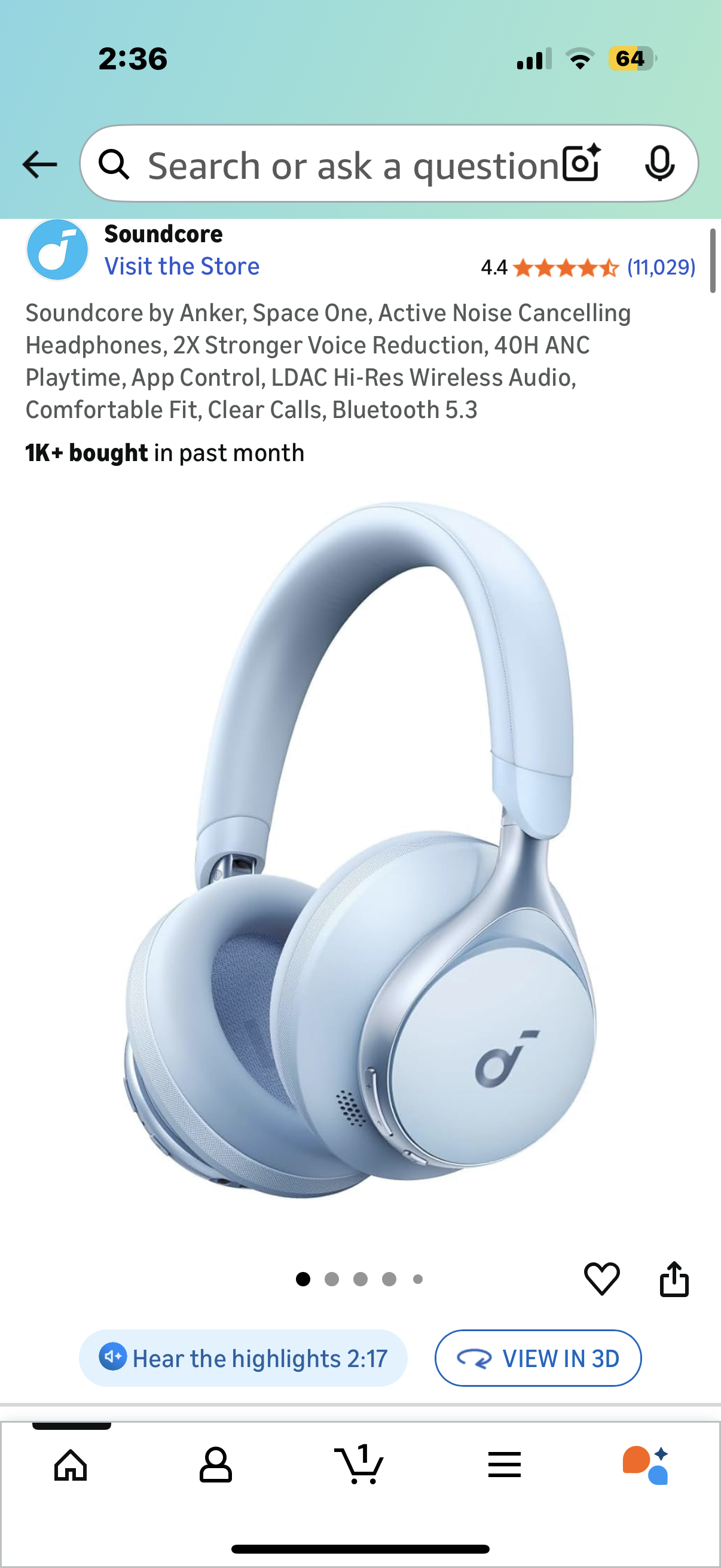 Soundcore by Anker, Space One, Active Noise Cancelling Headphones, 2X Stronger Voice Reduction, 40H ANC Playtime, App Control, LDAC Hi-Res Wireless Audio, Comfortable Fit, Clear Calls, Bluetooth