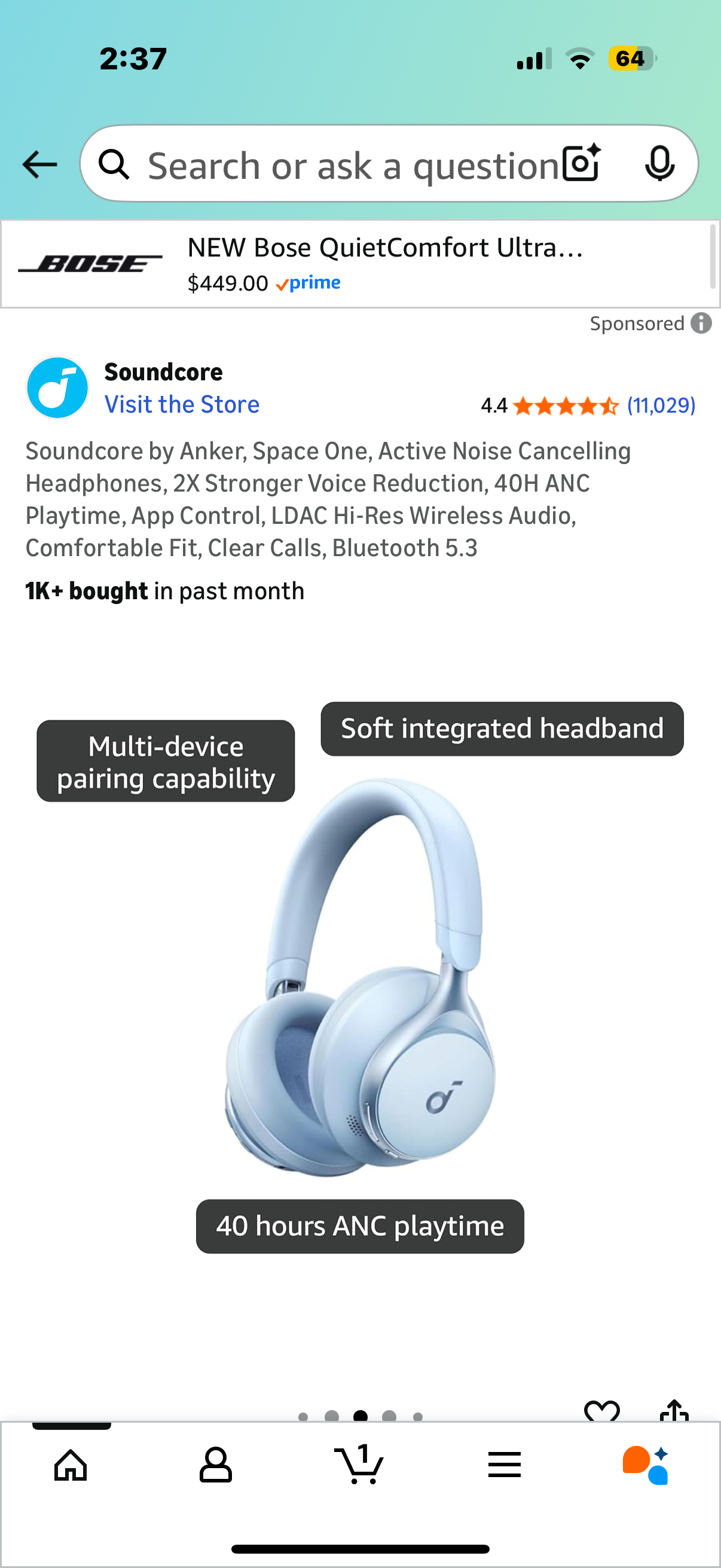 Soundcore by Anker, Space One, Active Noise Cancelling Headphones, 2X Stronger Voice Reduction, 40H ANC Playtime, App Control, LDAC Hi-Res Wireless Audio, Comfortable Fit, Clear Calls, Bluetooth
