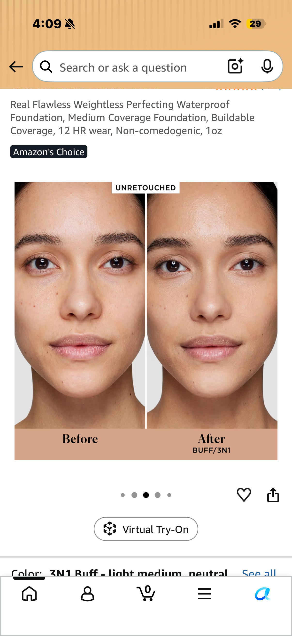 Real Flawless Weightless Perfecting Waterproof Foundation, Medium Coverage Foundation, Buildable Coverage, 12 HR wear, Non-comedogenic, 1oz BUFF