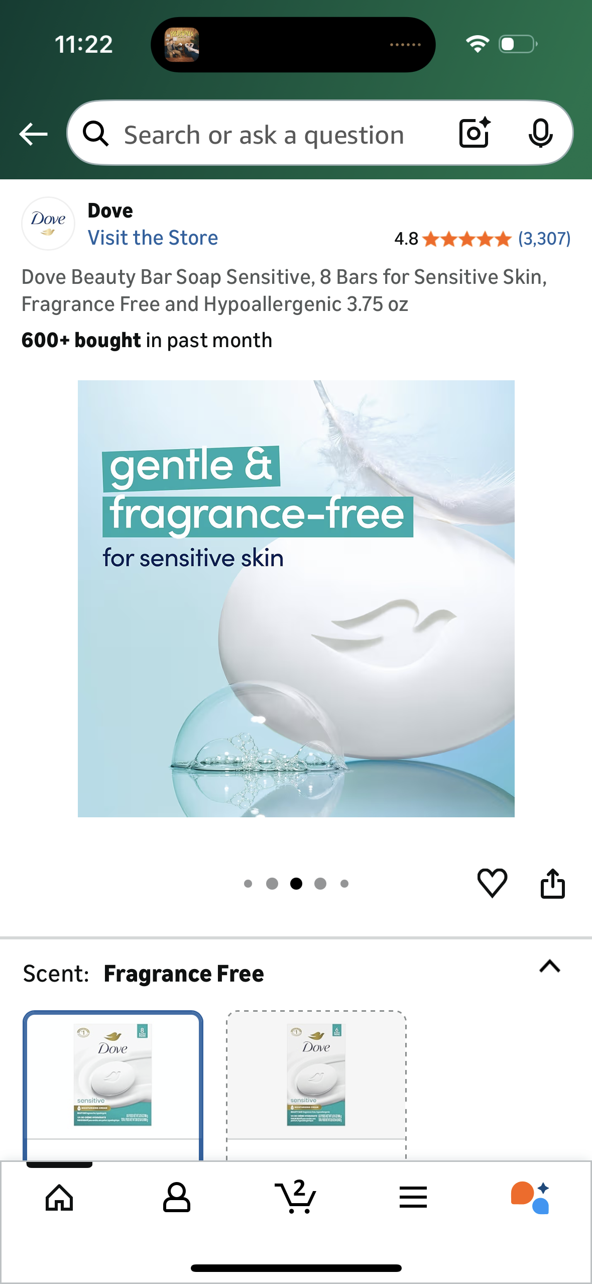 Dove Beauty Bar Soap Sensitive, 8 Bars for Sensitive Skin, Fragrance Free and Hypoallergenic 3.75 oz