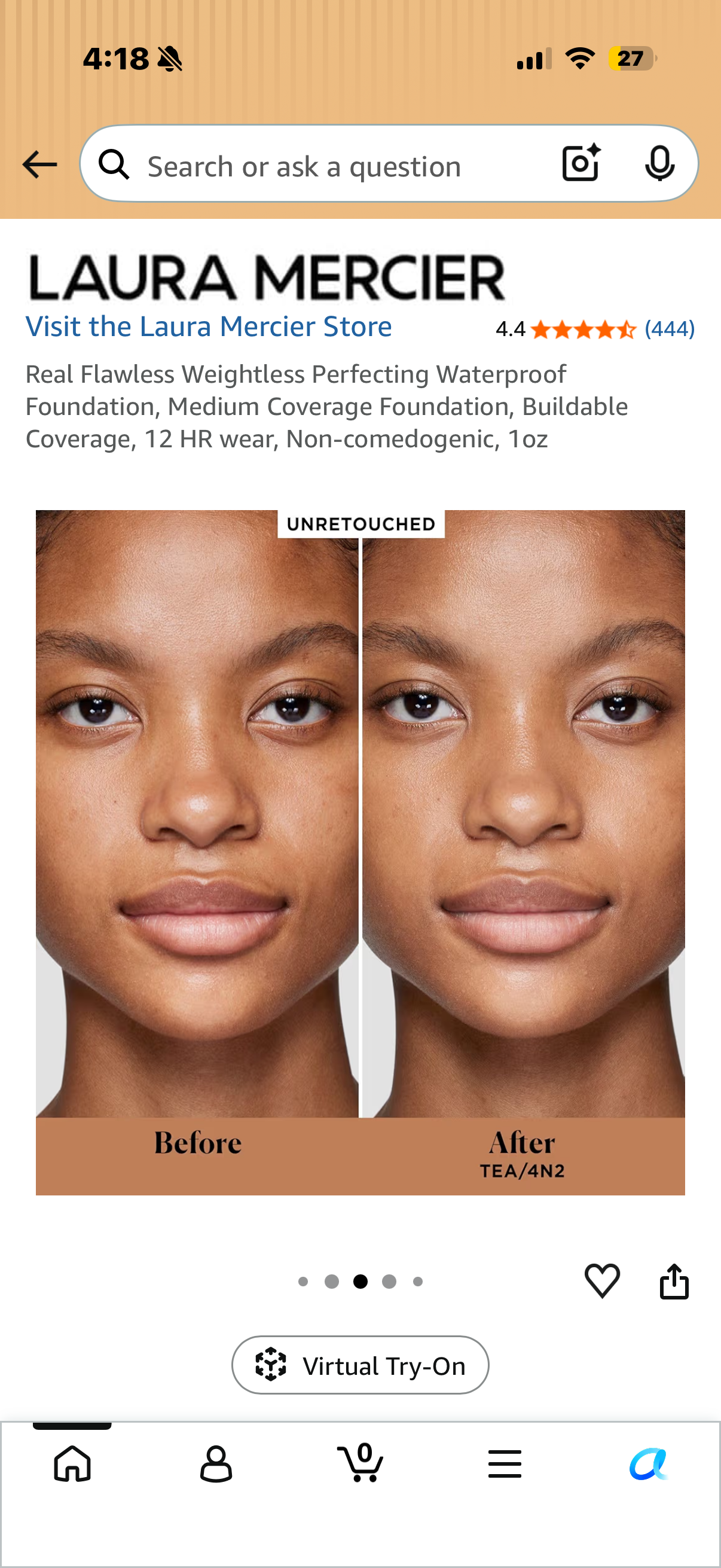 Real Flawless Weightless Perfecting Waterproof Foundation, Medium Coverage Foundation, Buildable Coverage, 12 HR wear, Non-comedogenic, 1oz TEA