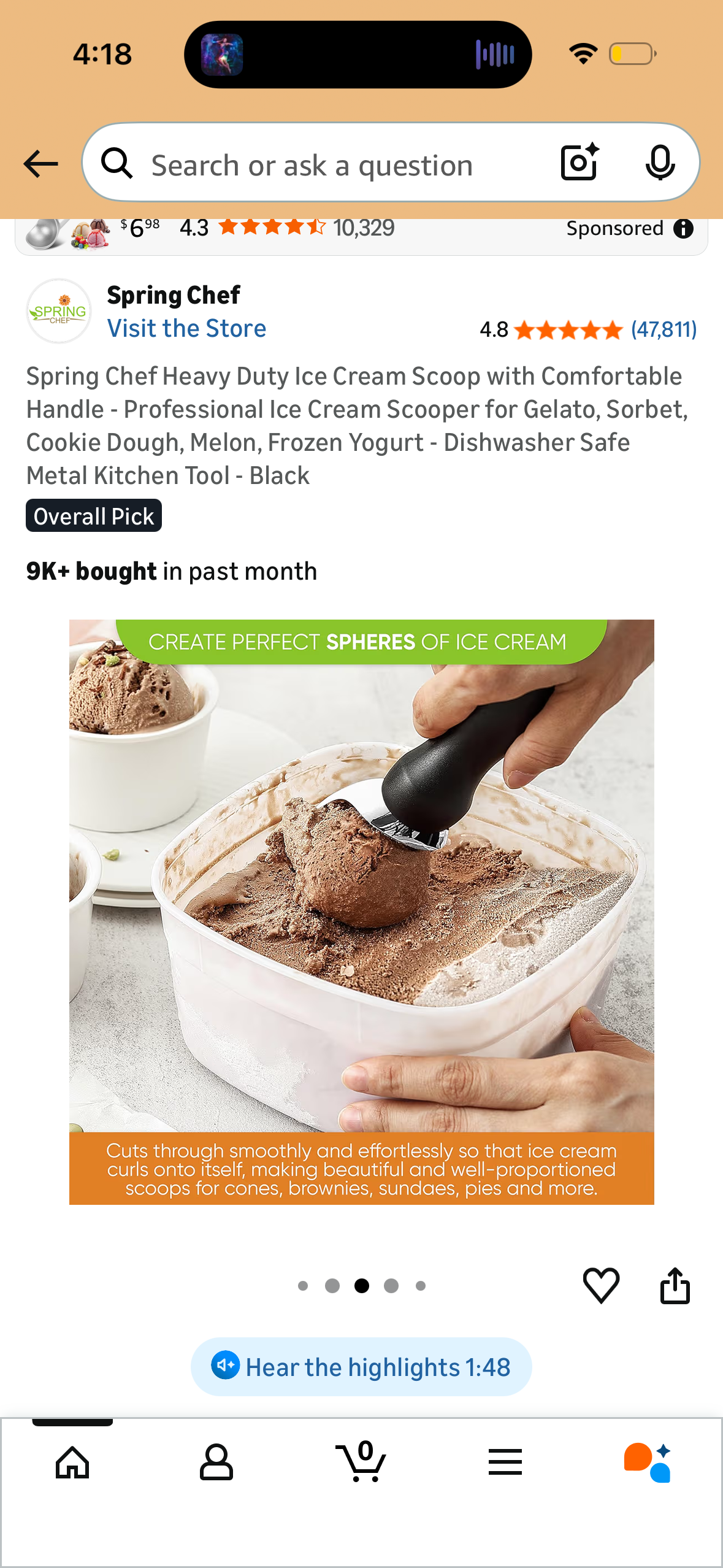 Spring Chef Heavy Duty Ice Cream Scoop with Comfortable Handle - Professional Ice Cream Scooper for Gelato, Sorbet, Cookie Dough, Melon, Frozen Yogurt - Dishwasher Safe Metal Kitchen Tool - Black